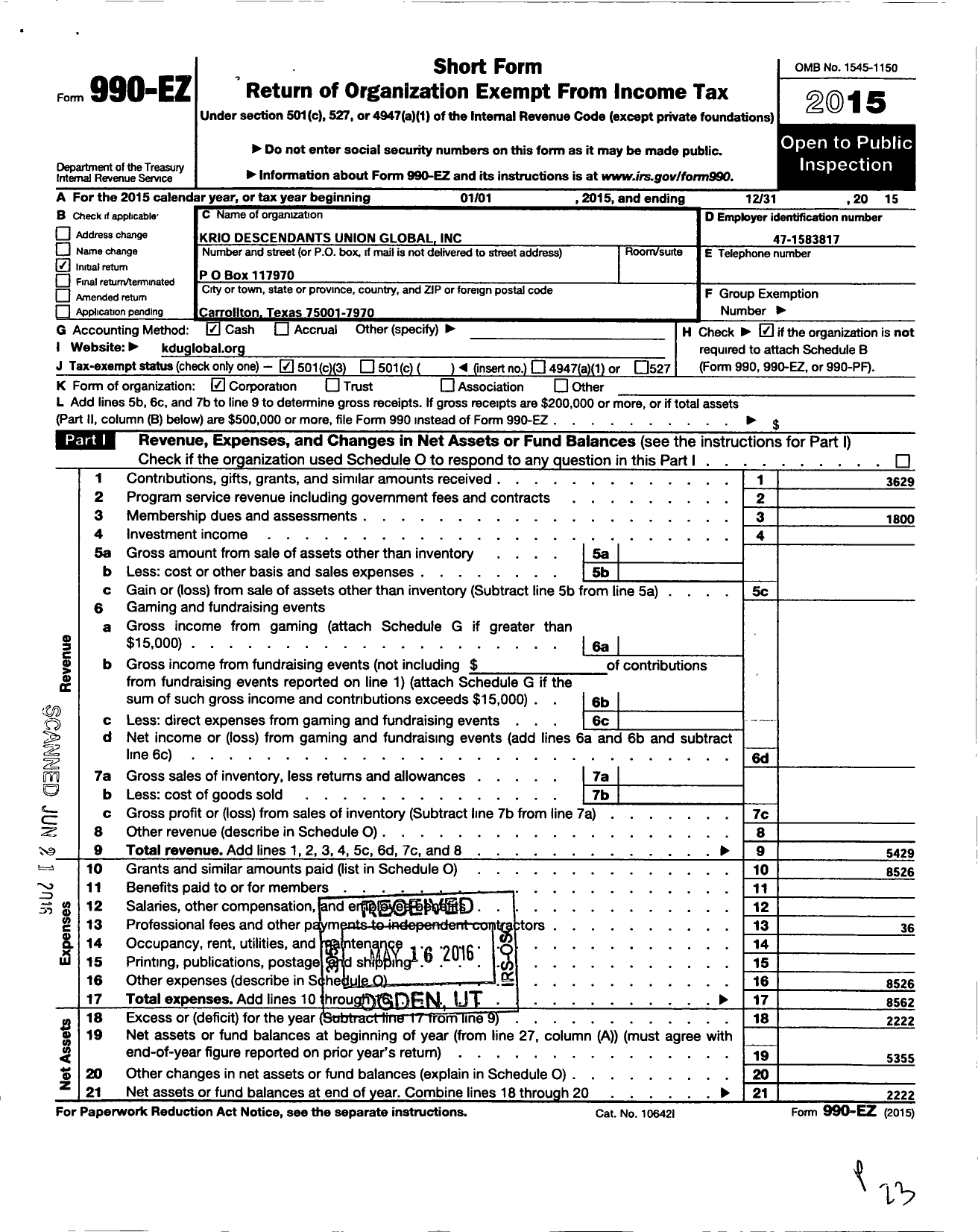 Image of first page of 2015 Form 990EZ for Krio Descendants Union Global