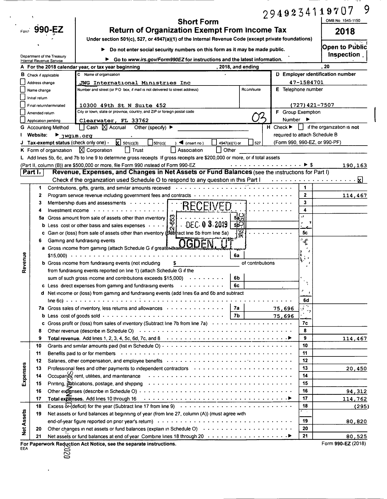 Image of first page of 2018 Form 990EZ for JWG International Ministries