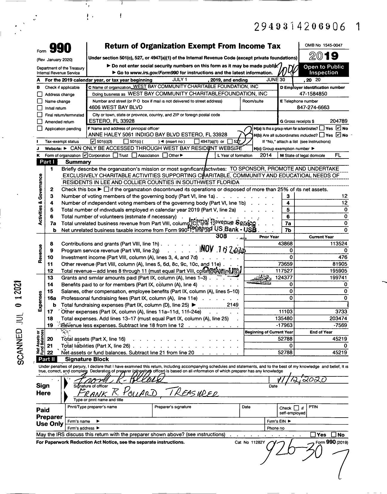 Image of first page of 2019 Form 990 for West Bay Community Charitable Foundation