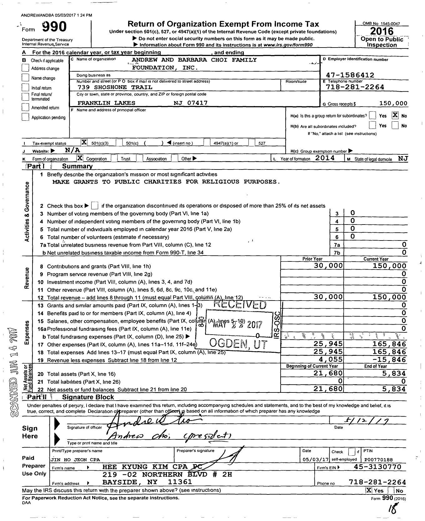 Image of first page of 2016 Form 990 for Andrew and Barbera Choi Family Foundation