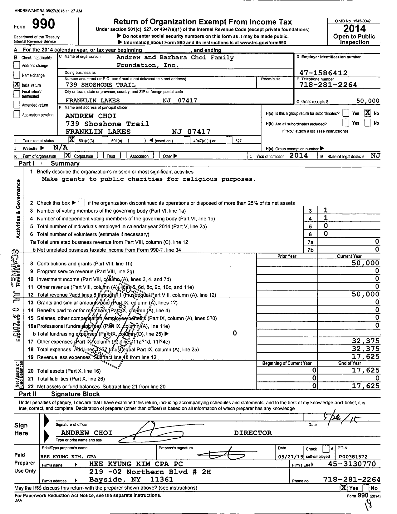 Image of first page of 2014 Form 990 for Andrew and Barbera Choi Family Foundation