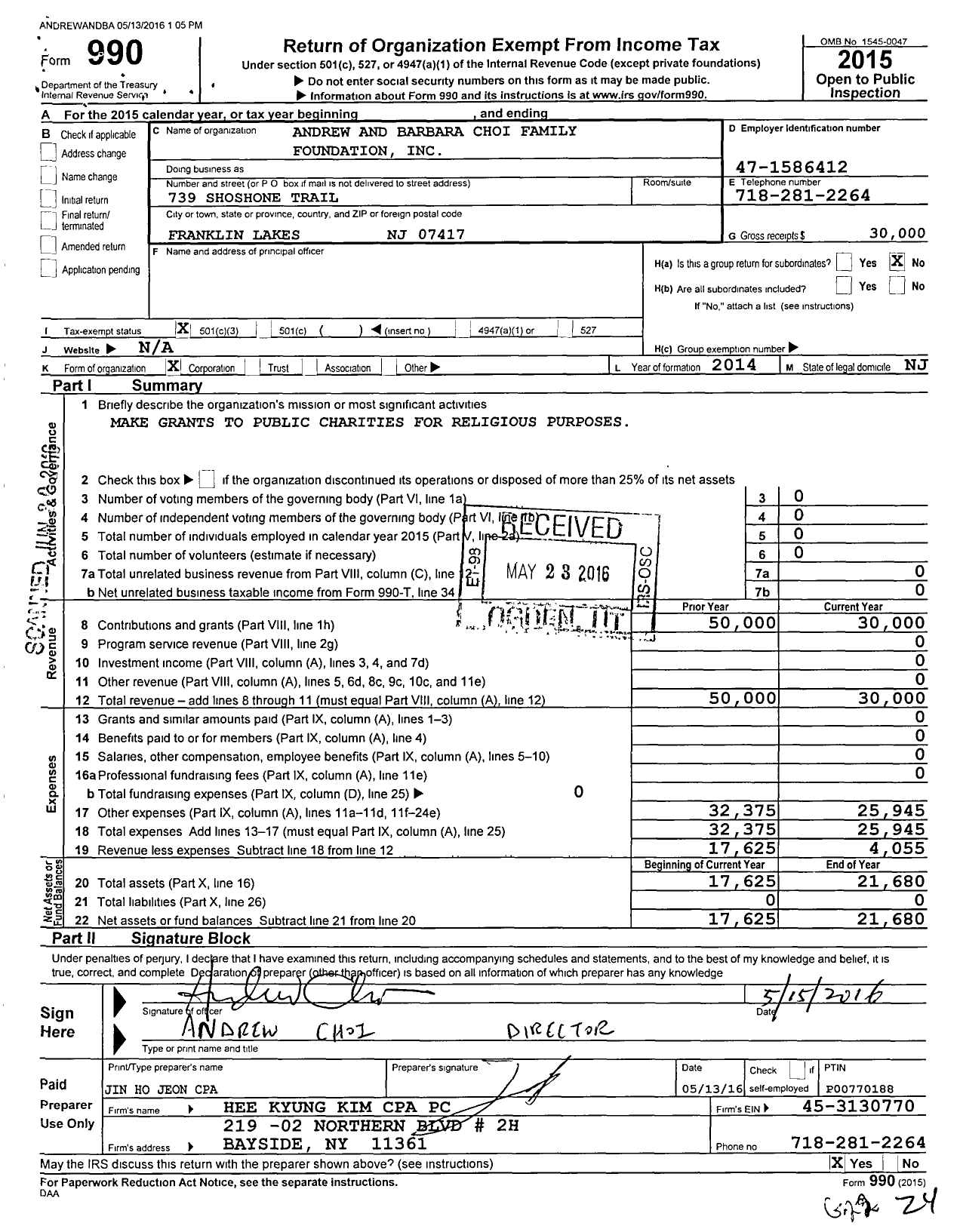 Image of first page of 2015 Form 990 for Andrew and Barbera Choi Family Foundation