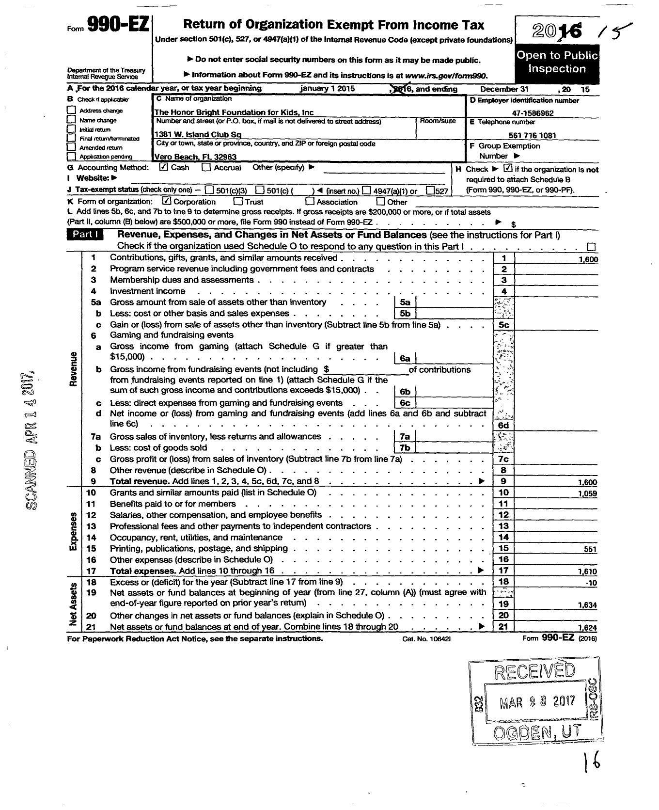 Image of first page of 2015 Form 990EO for Honor Bright Foundation for Kids