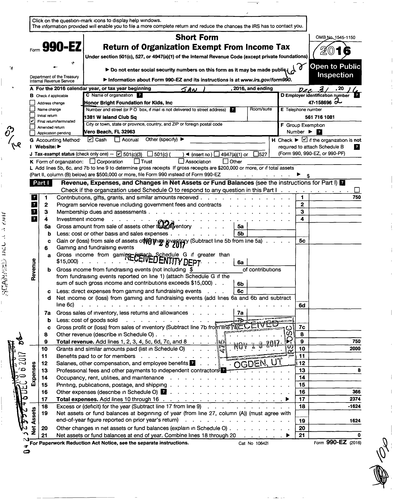 Image of first page of 2016 Form 990EZ for Honor Bright Foundation for Kids