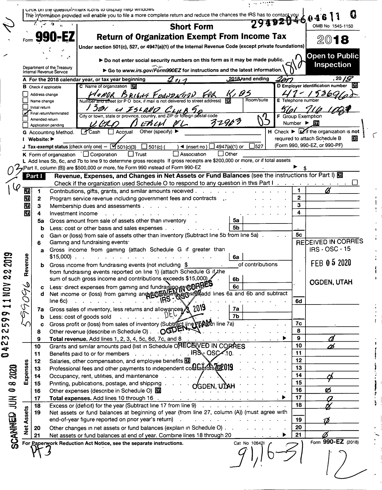 Image of first page of 2018 Form 990EZ for Honor Bright Foundation for Kids