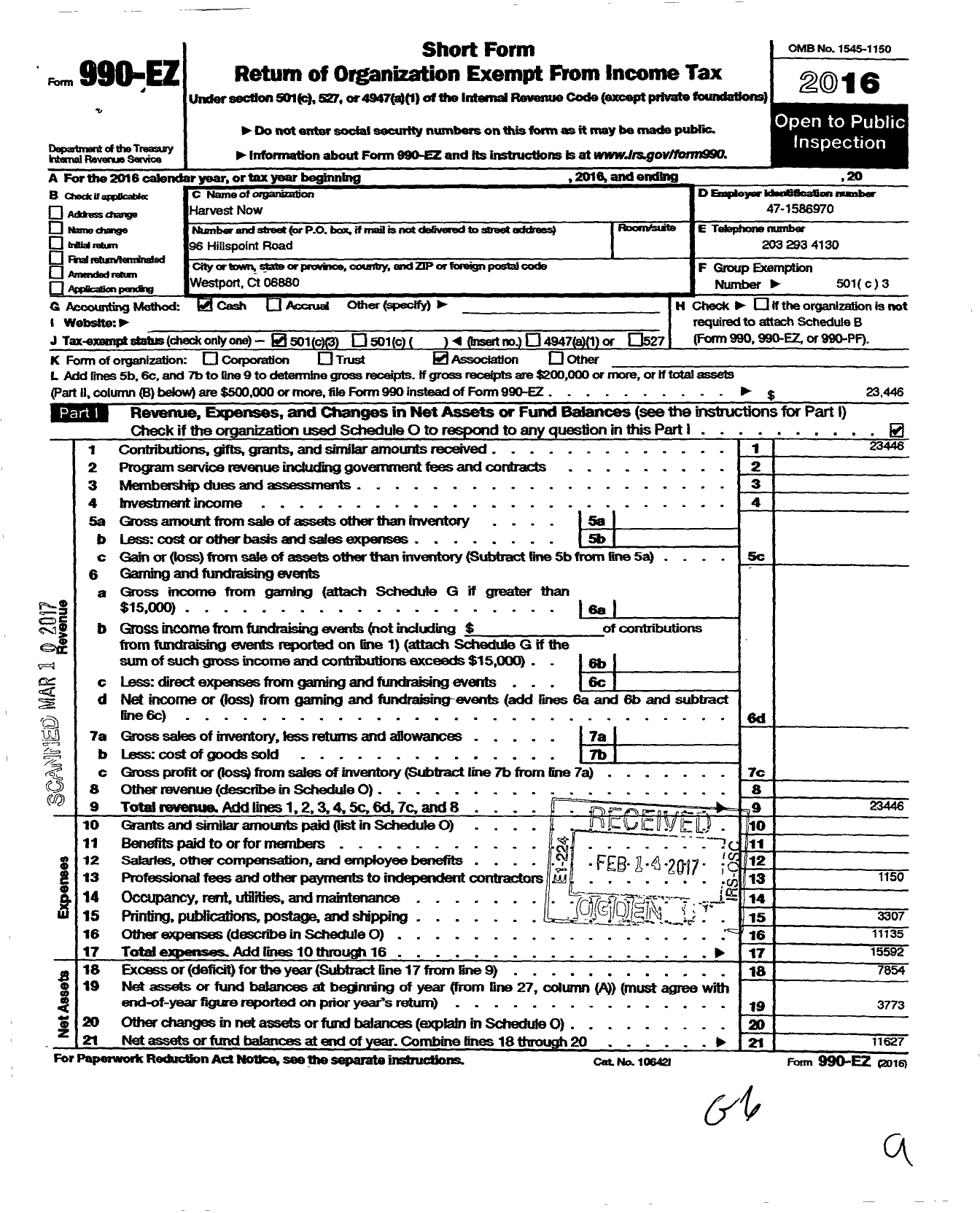 Image of first page of 2016 Form 990EZ for Harvest Now