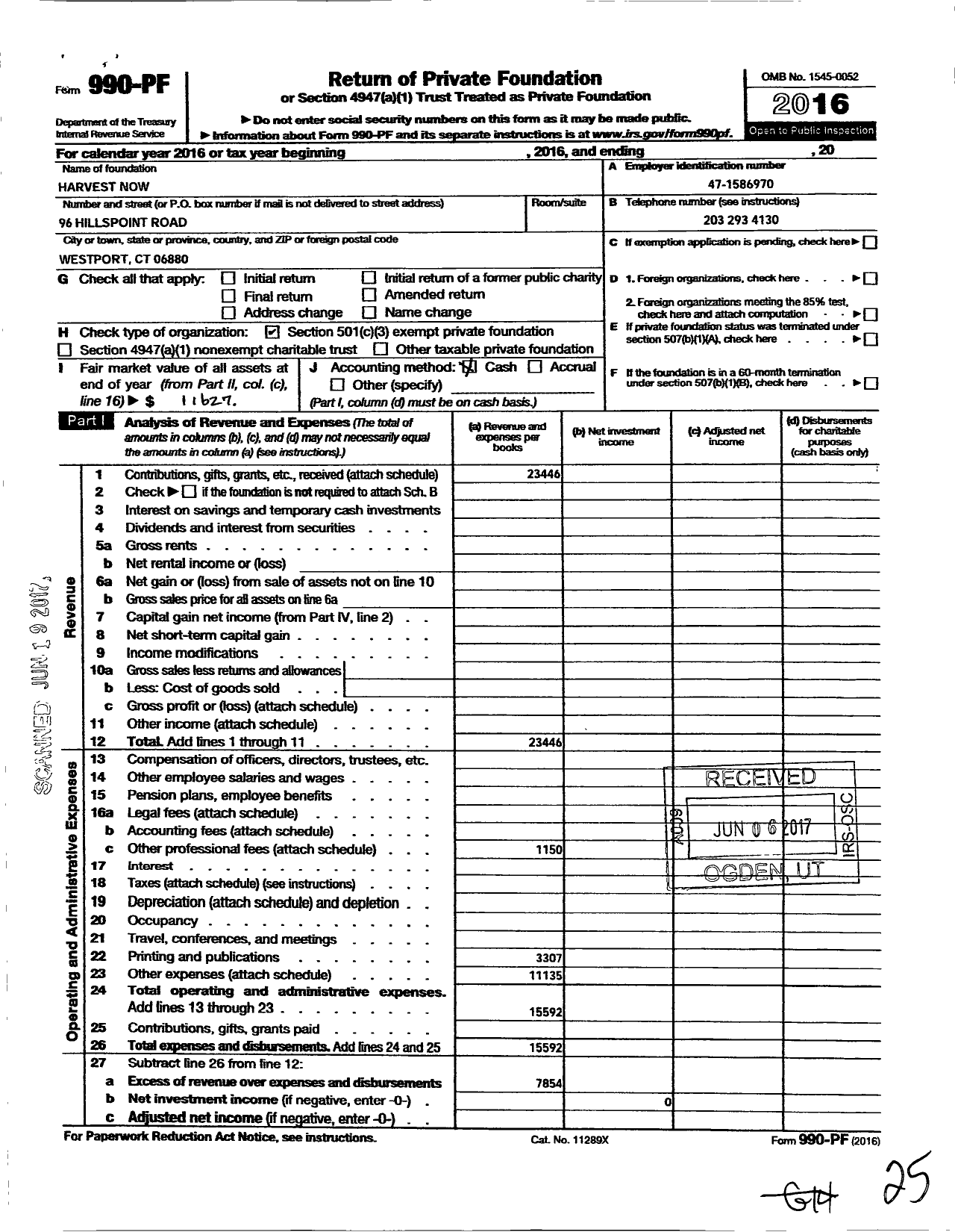 Image of first page of 2016 Form 990PF for Harvest Now