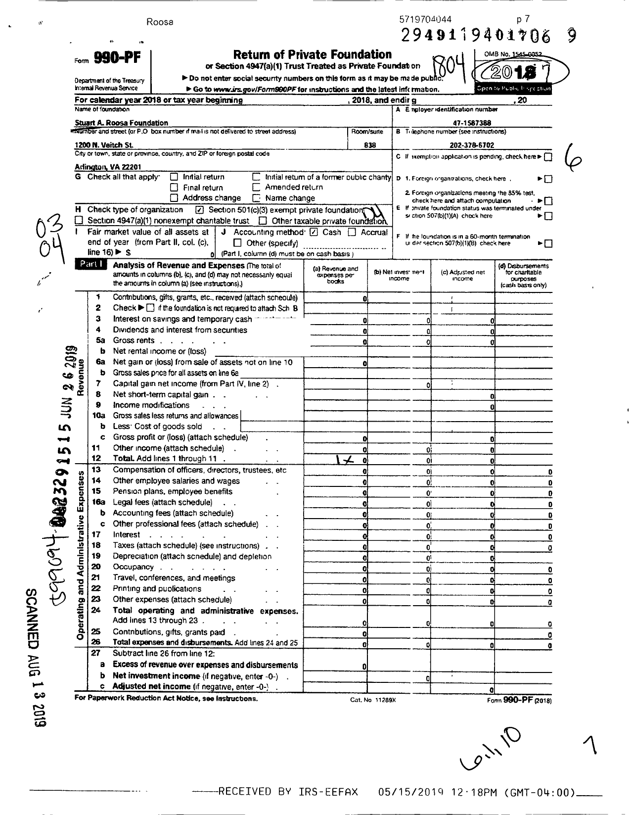 Image of first page of 2017 Form 990PF for Stuart A Roosa Foundation