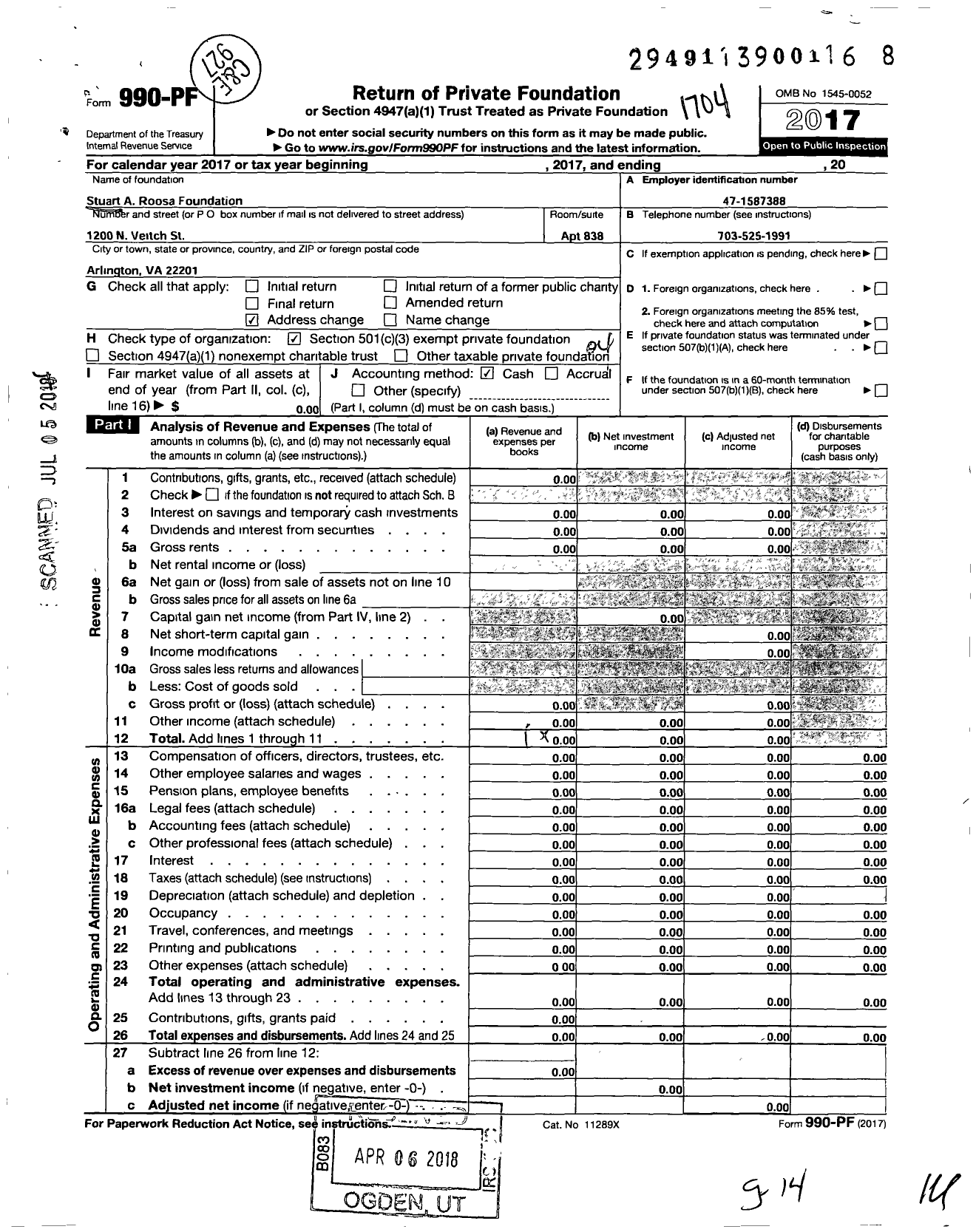 Image of first page of 2016 Form 990PF for Stuart A Roosa Foundation