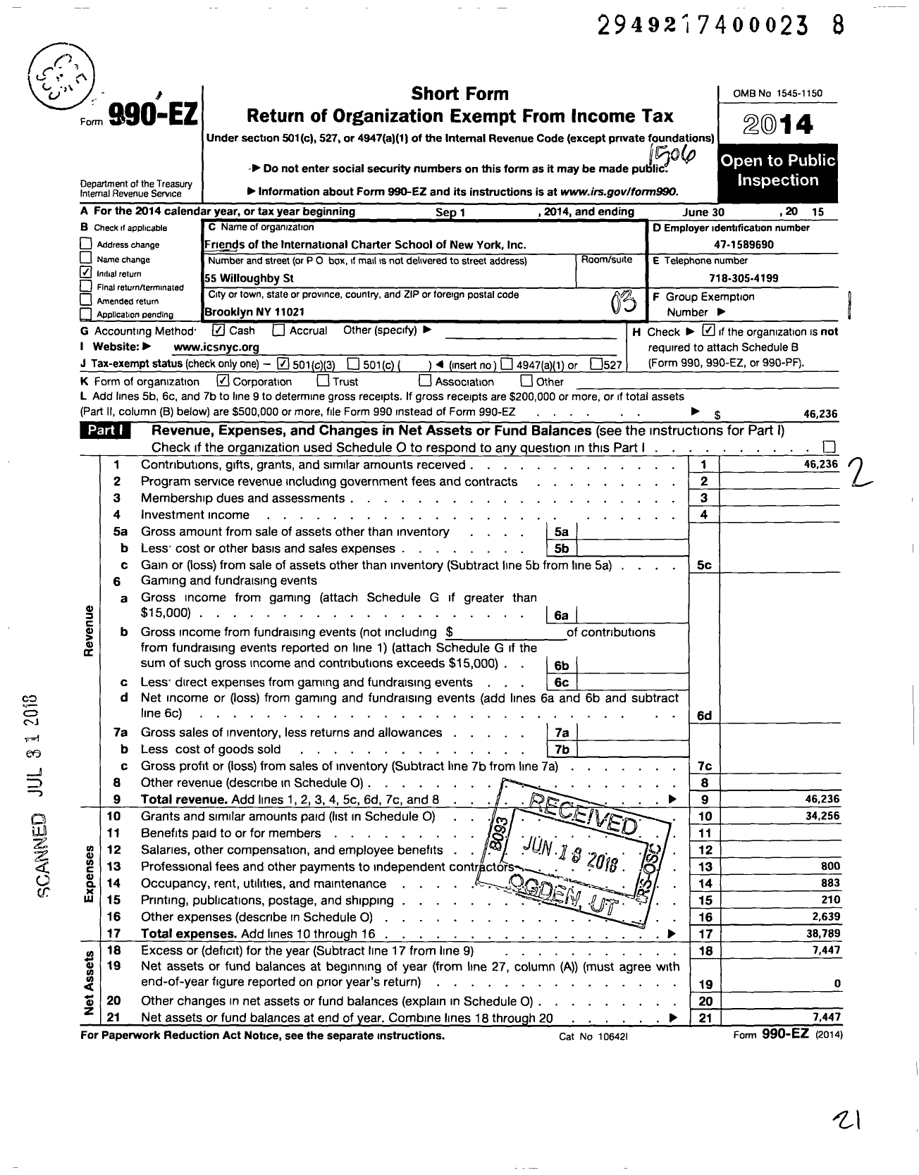 Image of first page of 2014 Form 990EZ for Friends Of International Charter School Of New York