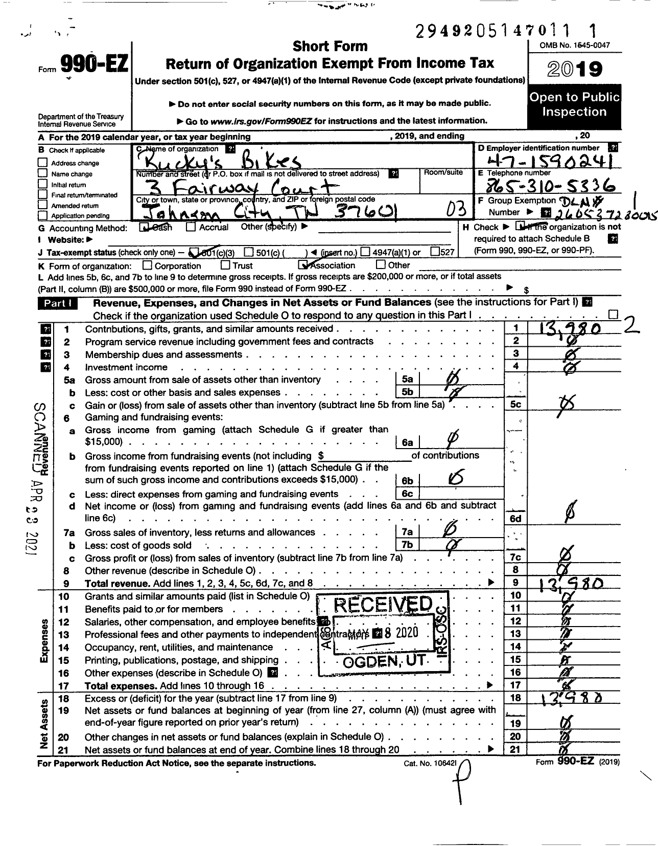 Image of first page of 2019 Form 990EZ for Buckys Bikes
