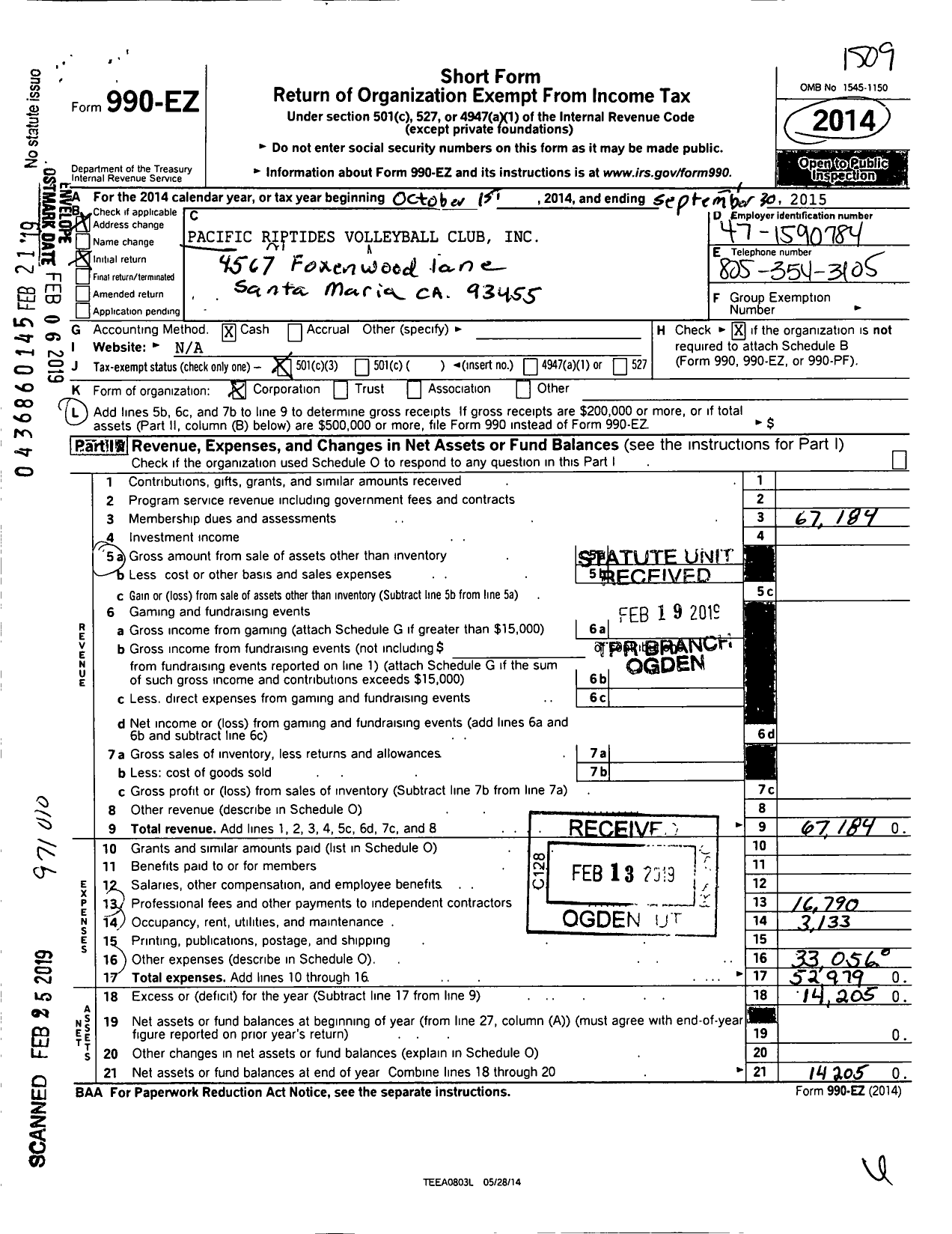 Image of first page of 2014 Form 990EA for Pacific Riptides Volleyball Club