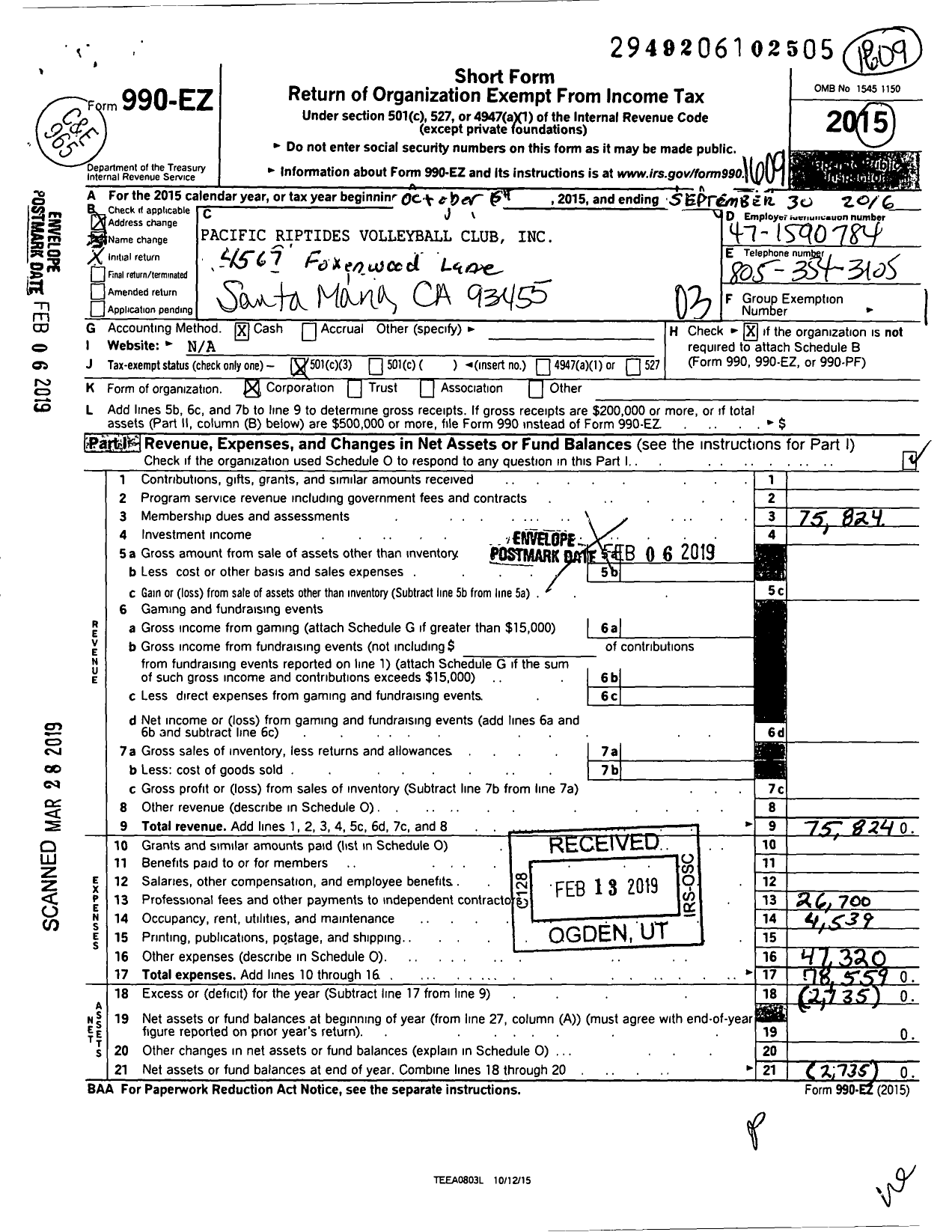 Image of first page of 2015 Form 990EZ for Pacific Riptides Volleyball Club