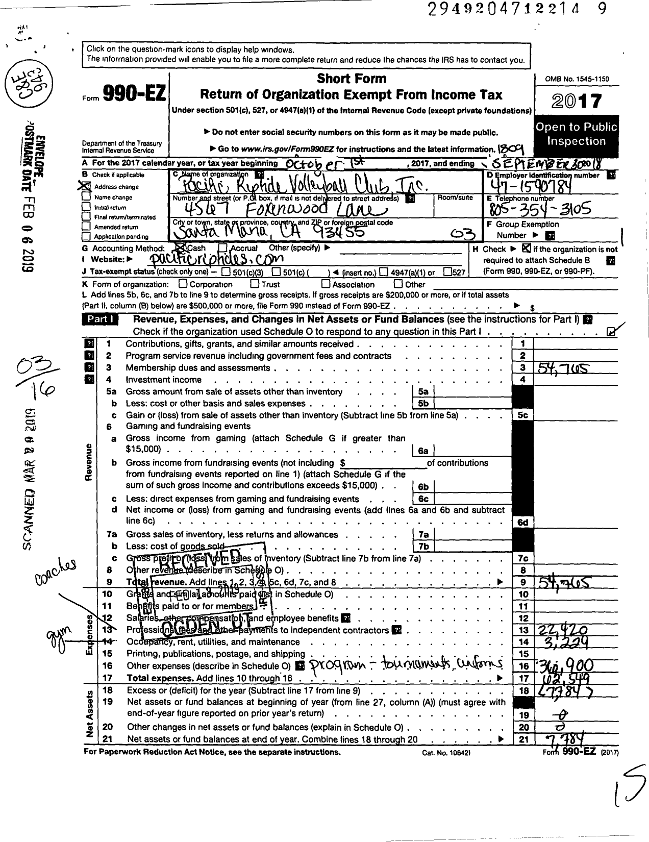 Image of first page of 2017 Form 990EZ for Pacific Riptides Volleyball Club