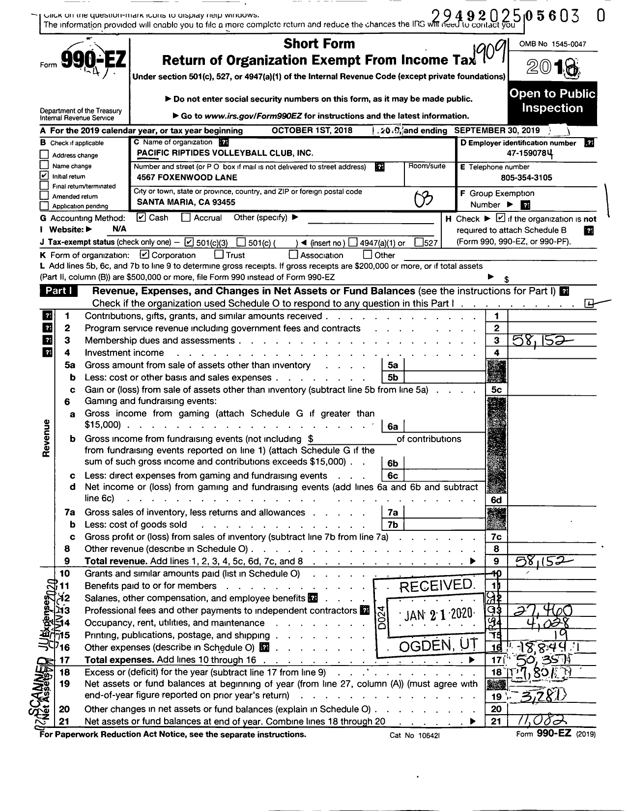 Image of first page of 2018 Form 990EZ for Pacific Riptides Volleyball Club