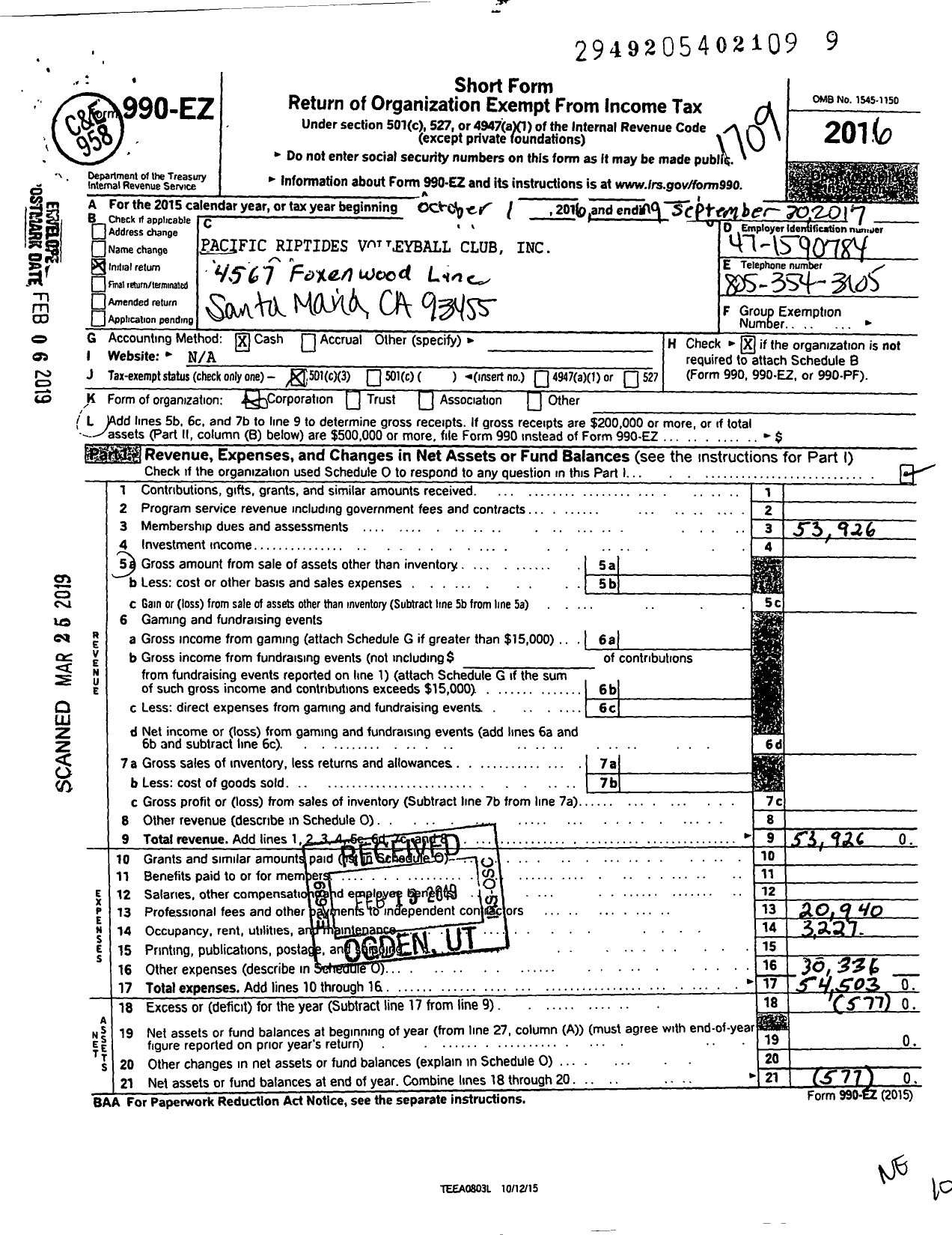 Image of first page of 2016 Form 990EZ for Pacific Riptides Volleyball Club