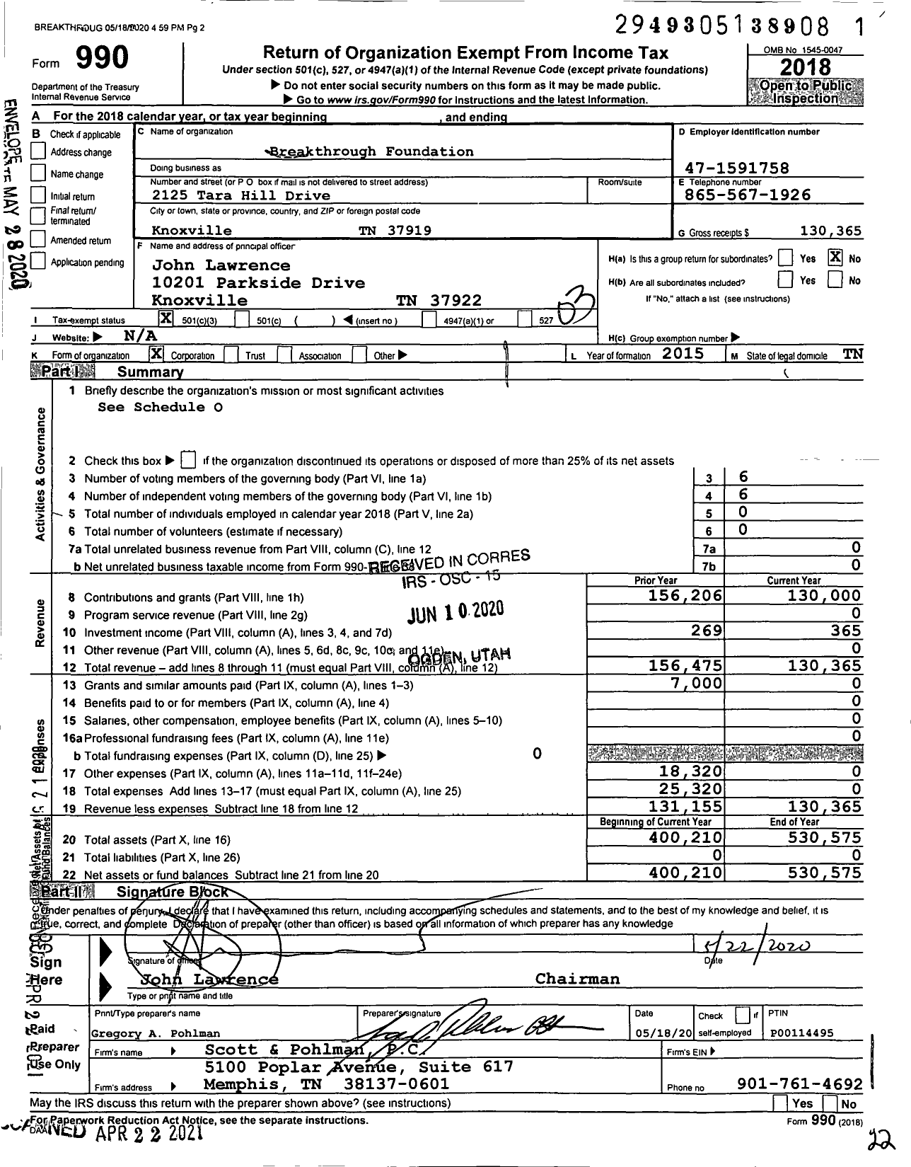 Image of first page of 2018 Form 990 for Breakthrough Foundation