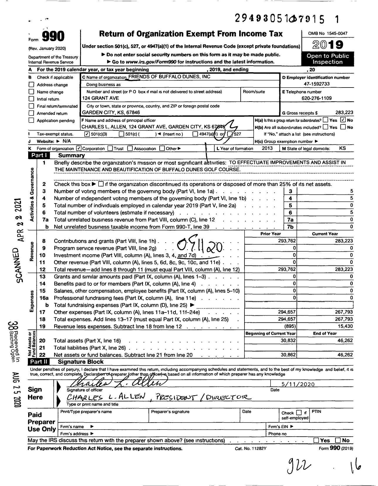 Image of first page of 2019 Form 990 for Friends of Buffalo Dunes