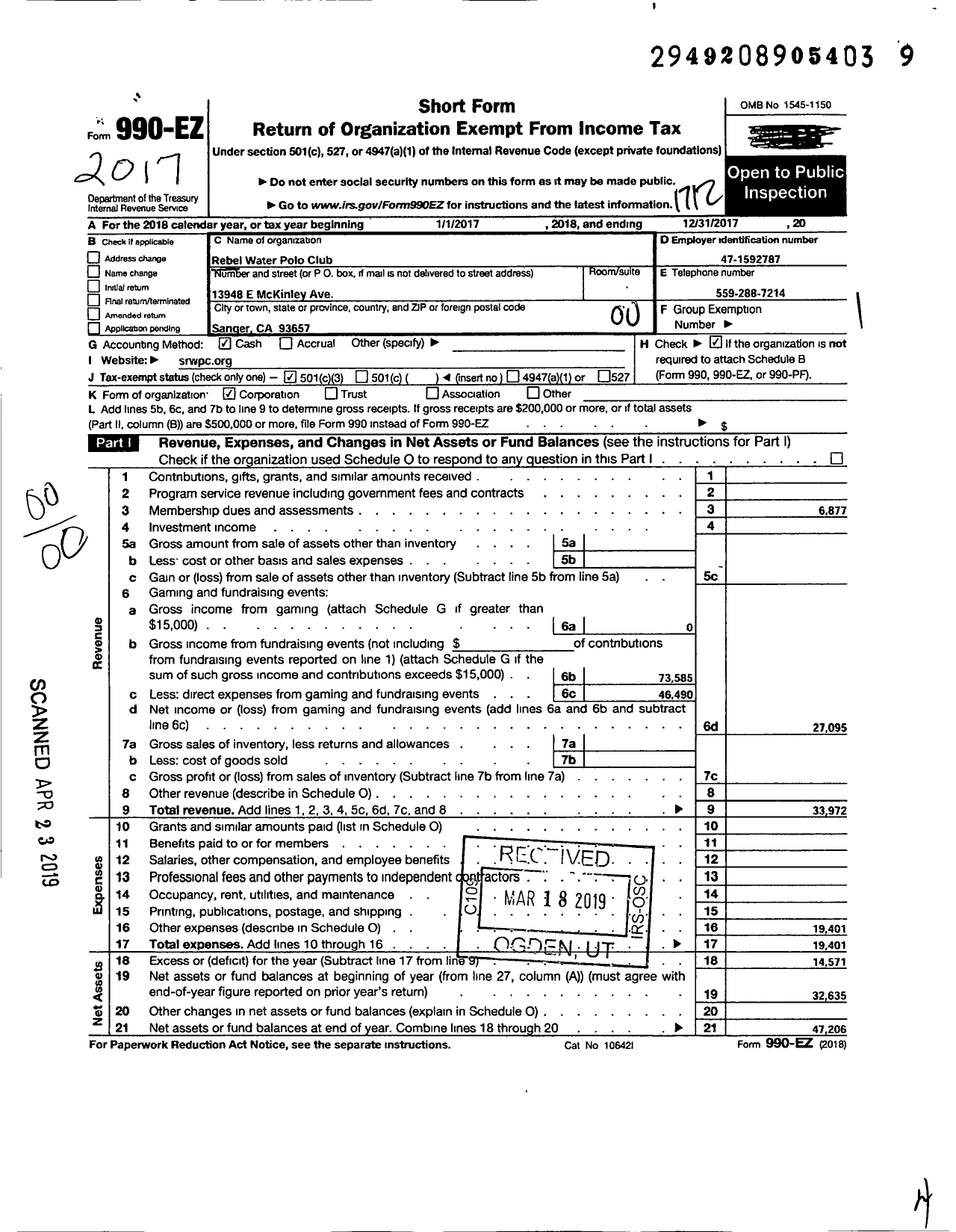 Image of first page of 2017 Form 990EO for Rebel Water Polo Club