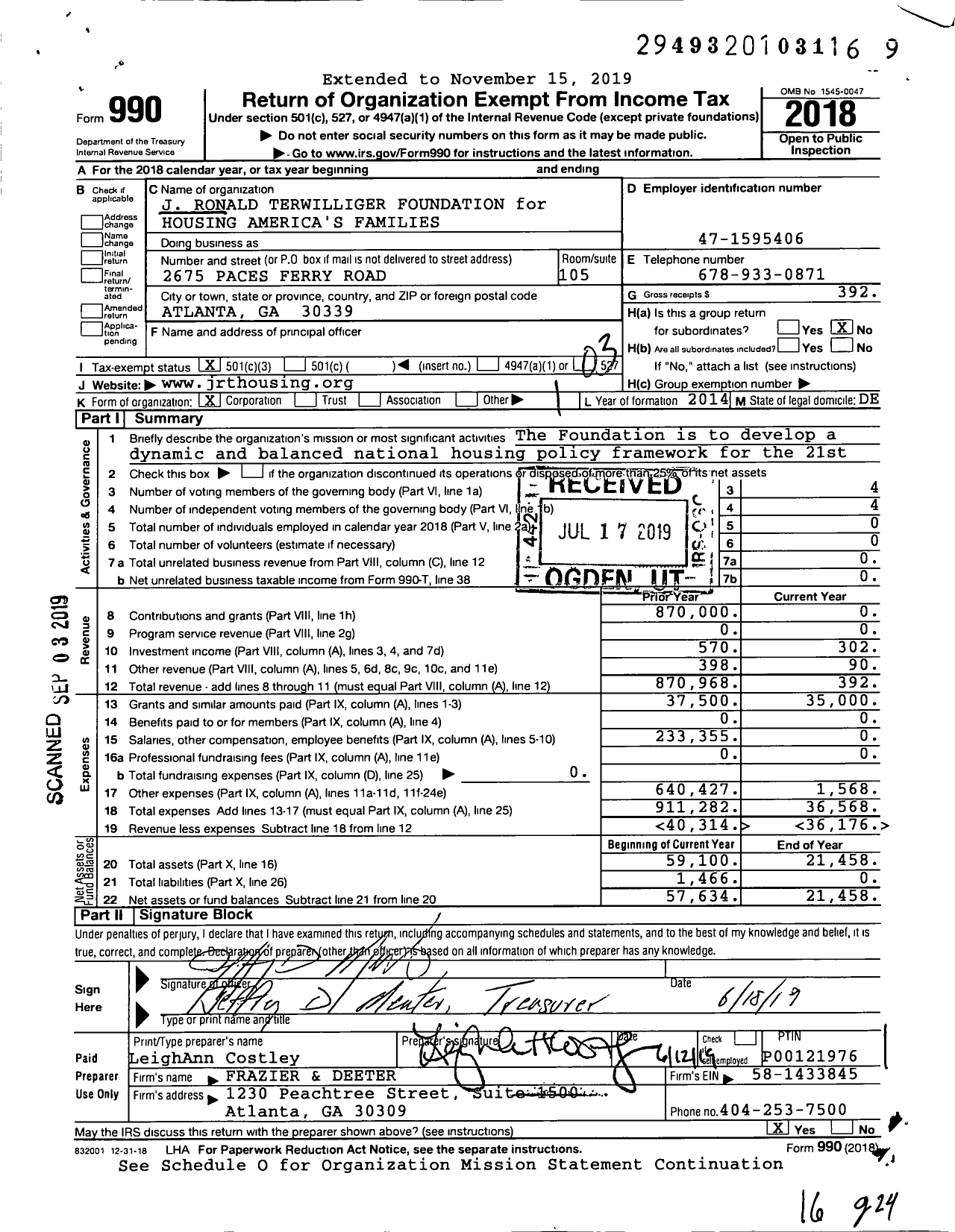 Image of first page of 2018 Form 990 for J Ronald Terwilliger Foundation for Housing Americas Families