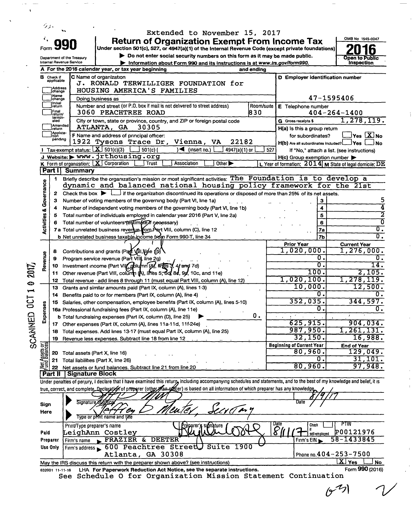 Image of first page of 2016 Form 990 for J Ronald Terwilliger Foundation for Housing Americas Families