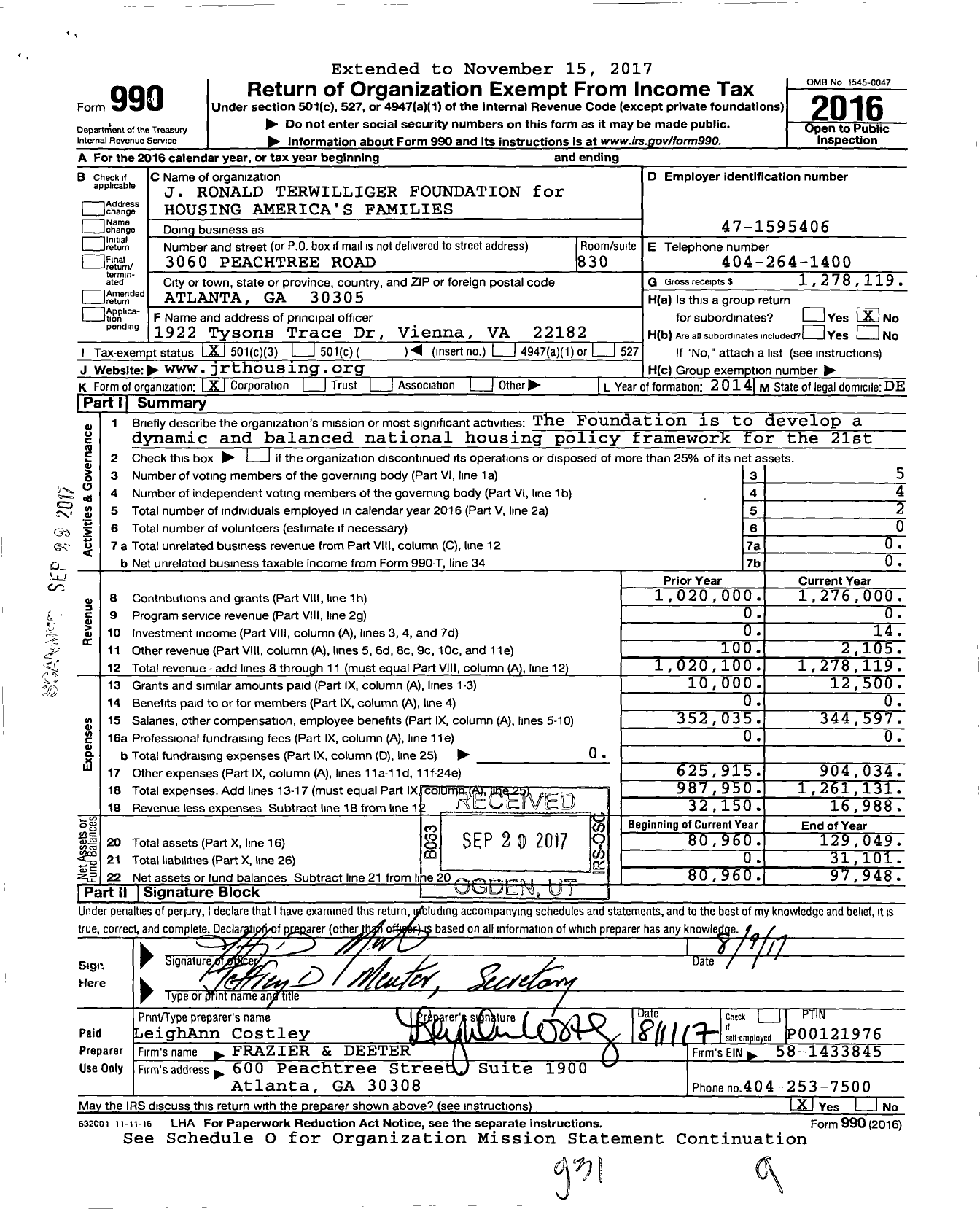 Image of first page of 2016 Form 990 for J Ronald Terwilliger Foundation for Housing Americas Families