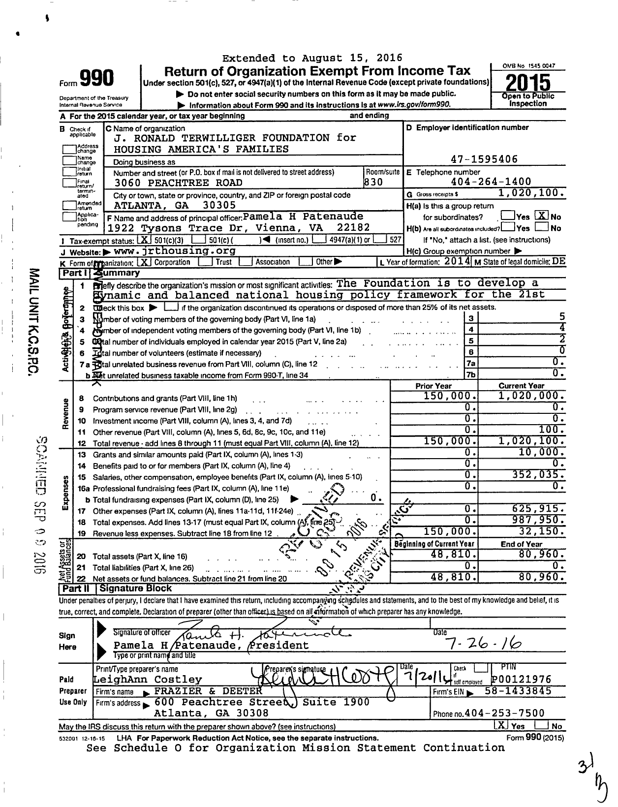 Image of first page of 2015 Form 990 for J Ronald Terwilliger Foundation for Housing Americas Families