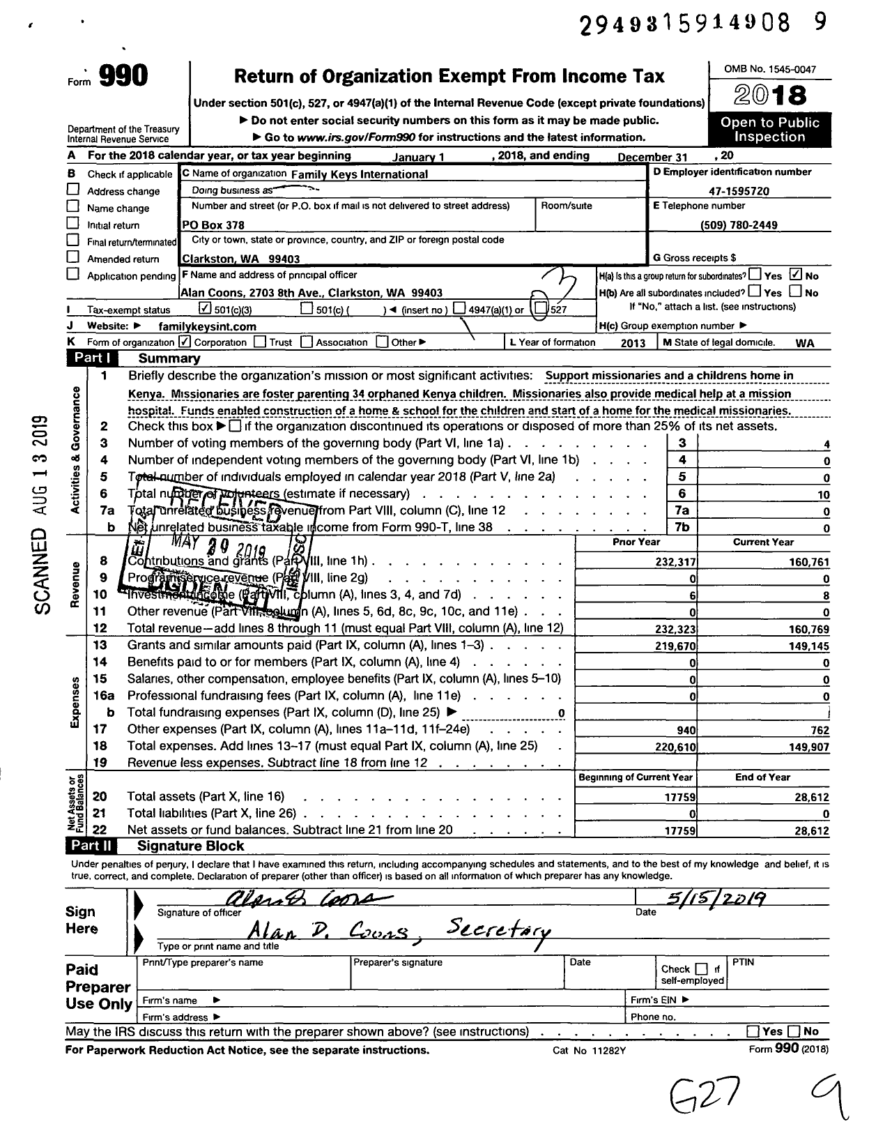 Image of first page of 2018 Form 990 for Family Keys