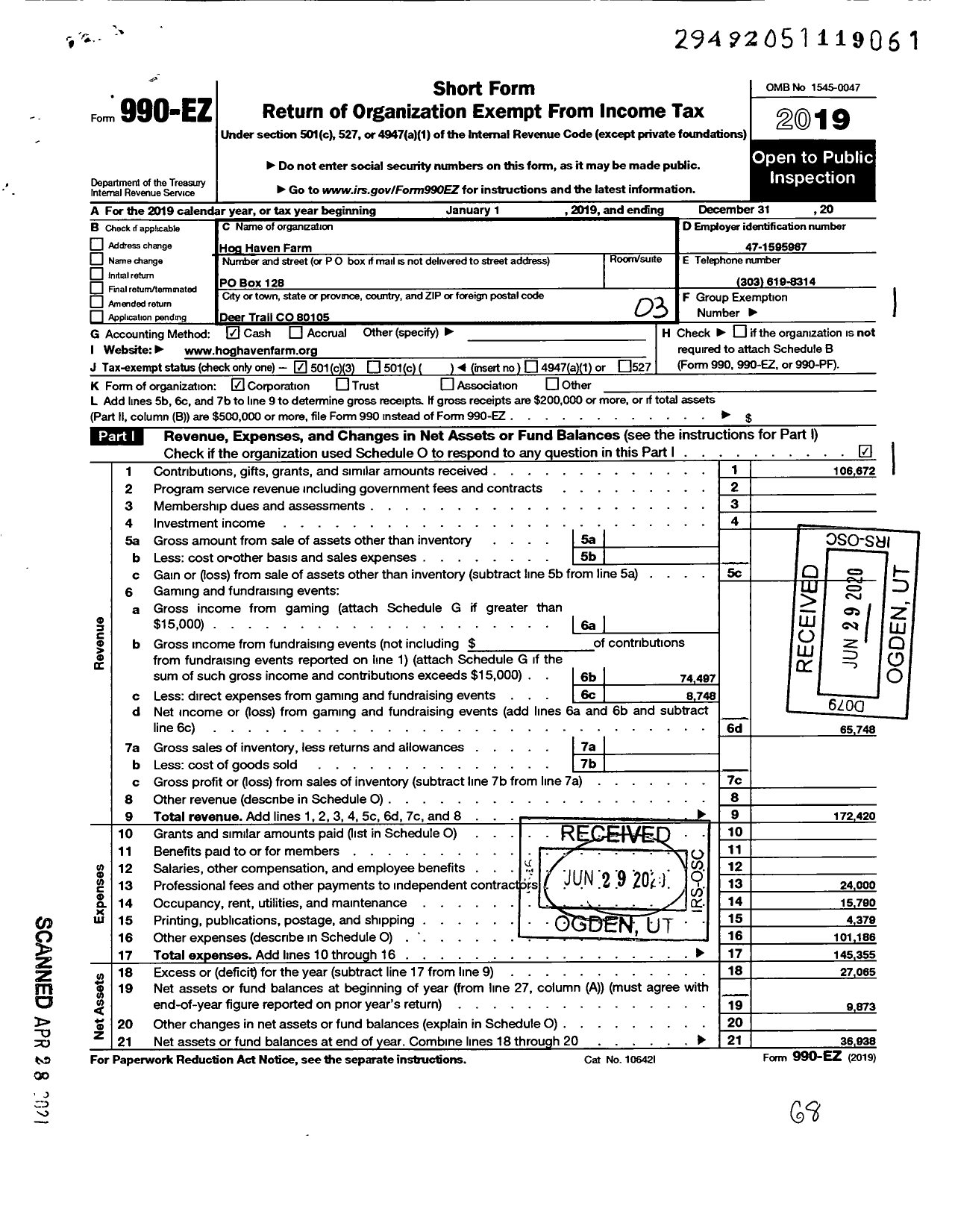 Image of first page of 2019 Form 990EZ for Hog Haven Farm