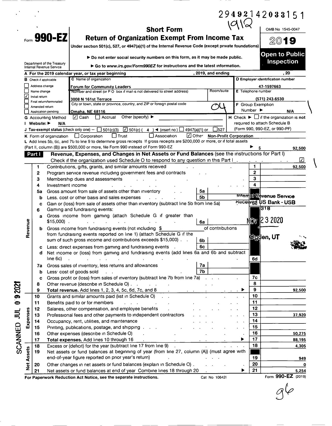 Image of first page of 2019 Form 990EO for Forum for Community Leaders