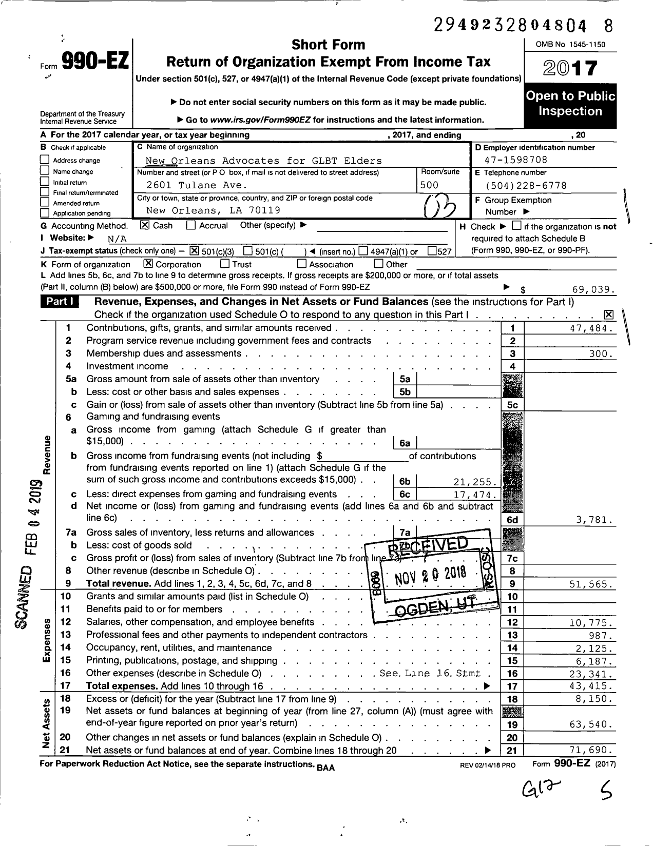 Image of first page of 2017 Form 990EZ for New Orleans Advocates for GLBT Elders (NOAGE)