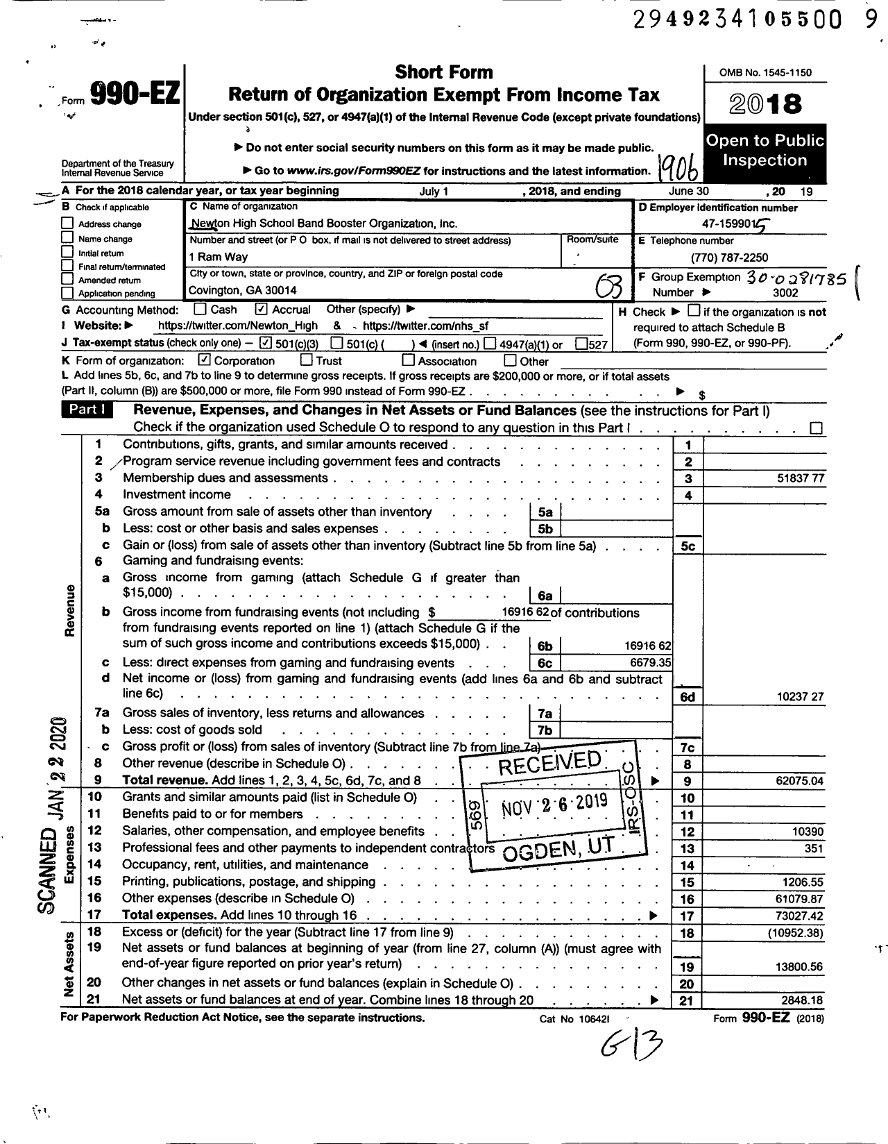 Image of first page of 2018 Form 990EZ for Newton High School Band Booster Organization