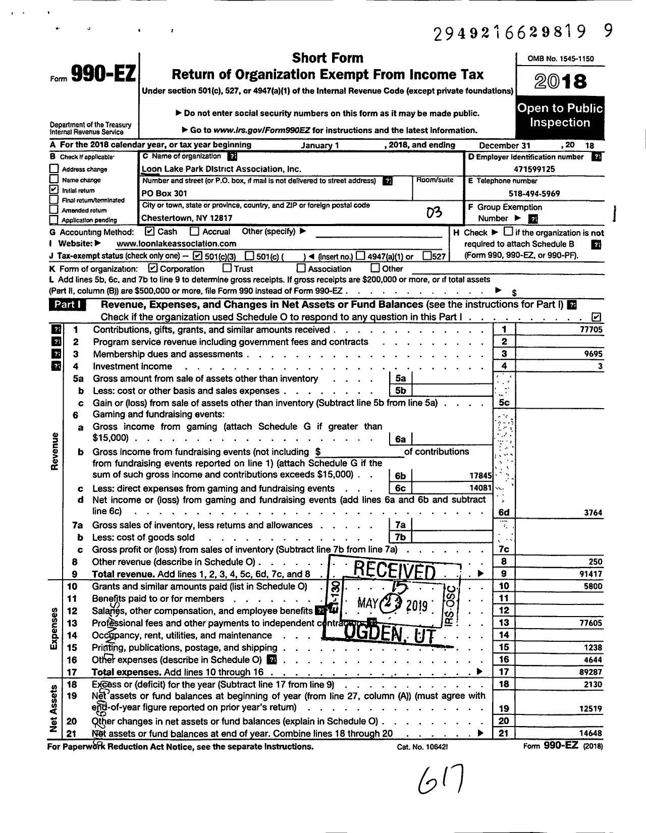 Image of first page of 2018 Form 990EZ for Loon Lake Park District Association