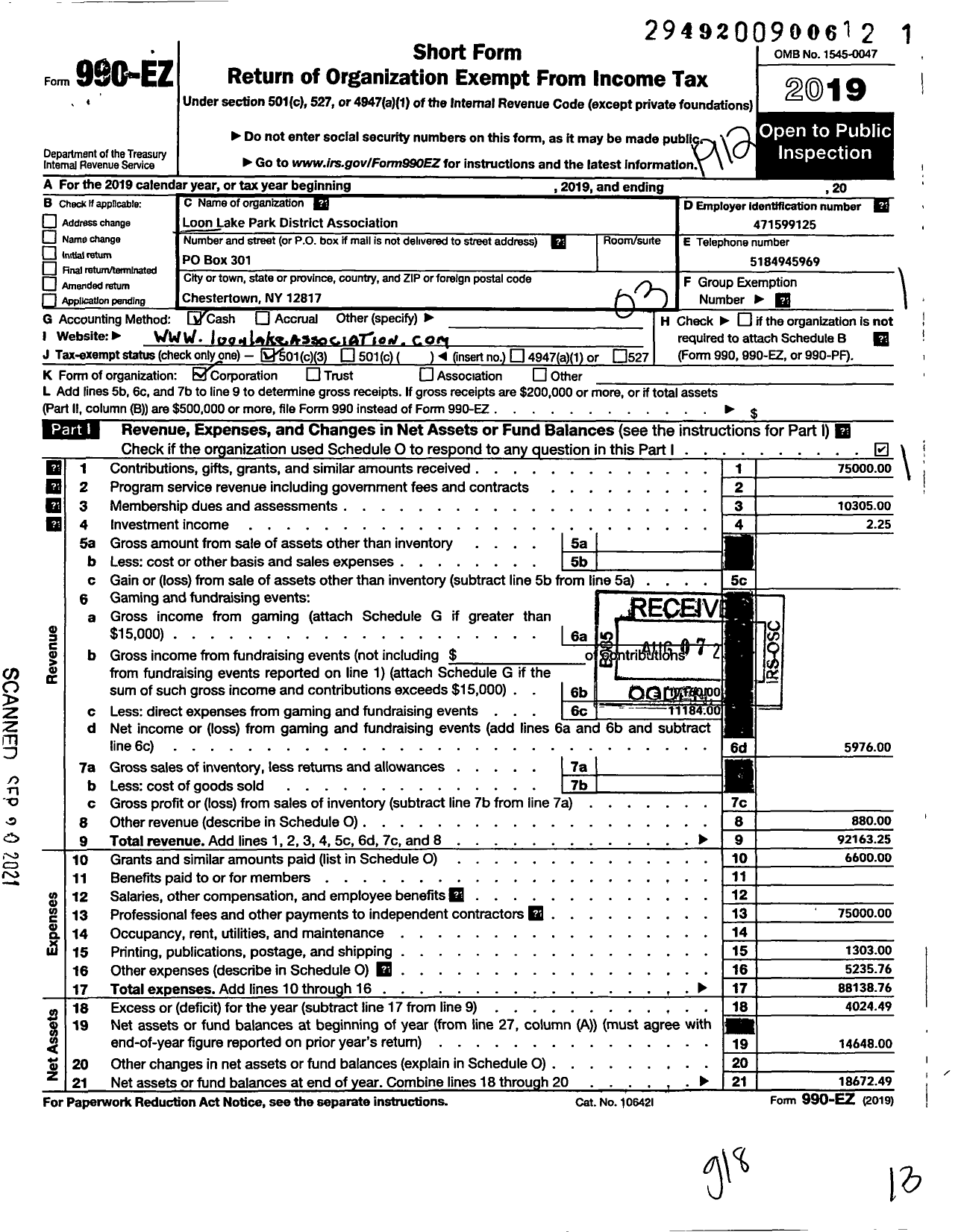 Image of first page of 2019 Form 990EZ for Loon Lake Park District Association