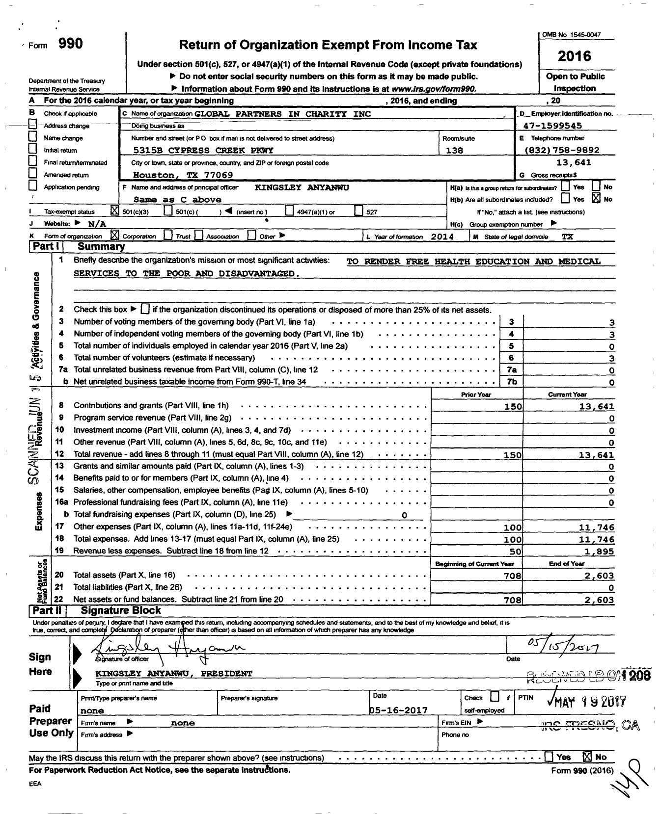 Image of first page of 2016 Form 990 for Global Partners in Charity