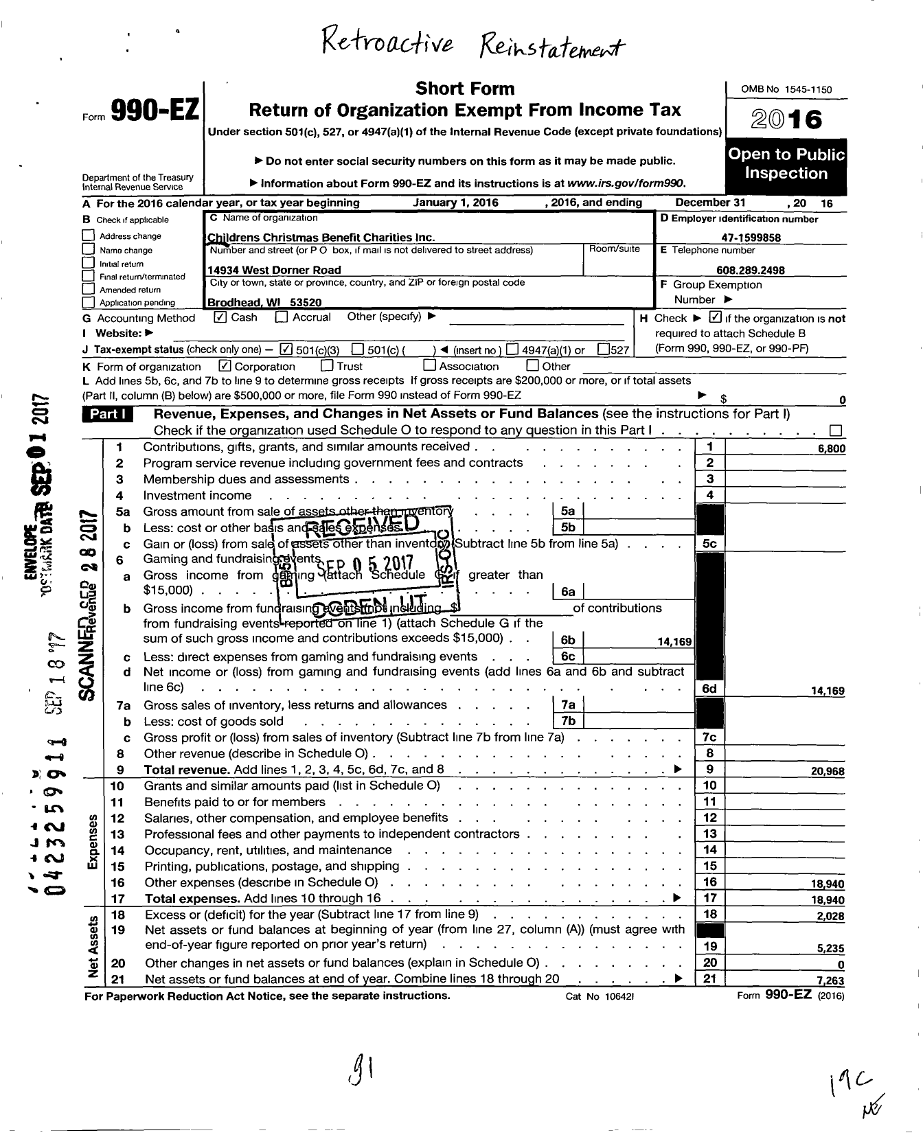 Image of first page of 2016 Form 990EZ for Childrens Christmas Benefit Charities