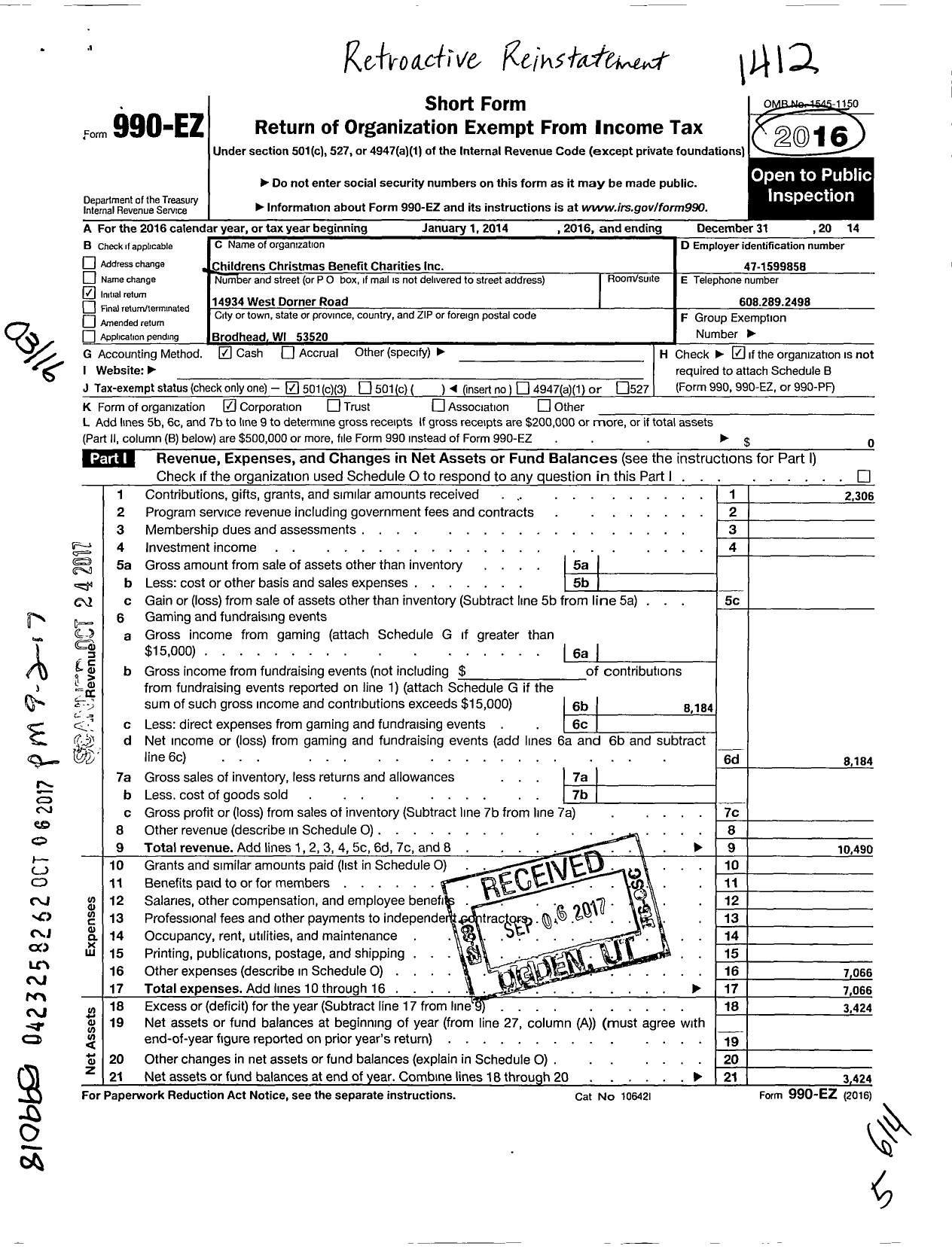 Image of first page of 2014 Form 990EZ for Childrens Christmas Benefit Charities