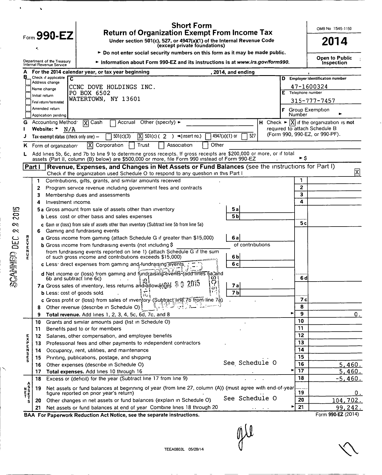 Image of first page of 2014 Form 990EO for CCNC Dove Holdings