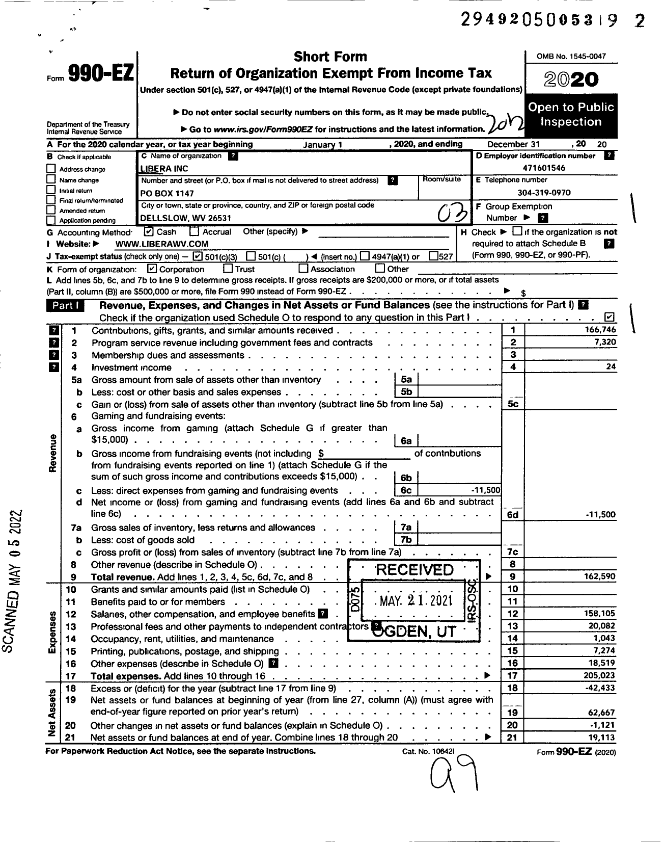 Image of first page of 2020 Form 990EZ for Libera