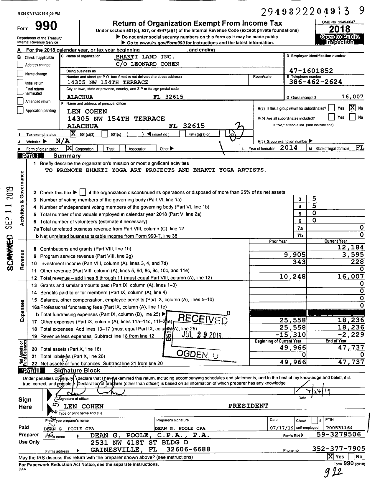 Image of first page of 2018 Form 990 for Bhaktiland
