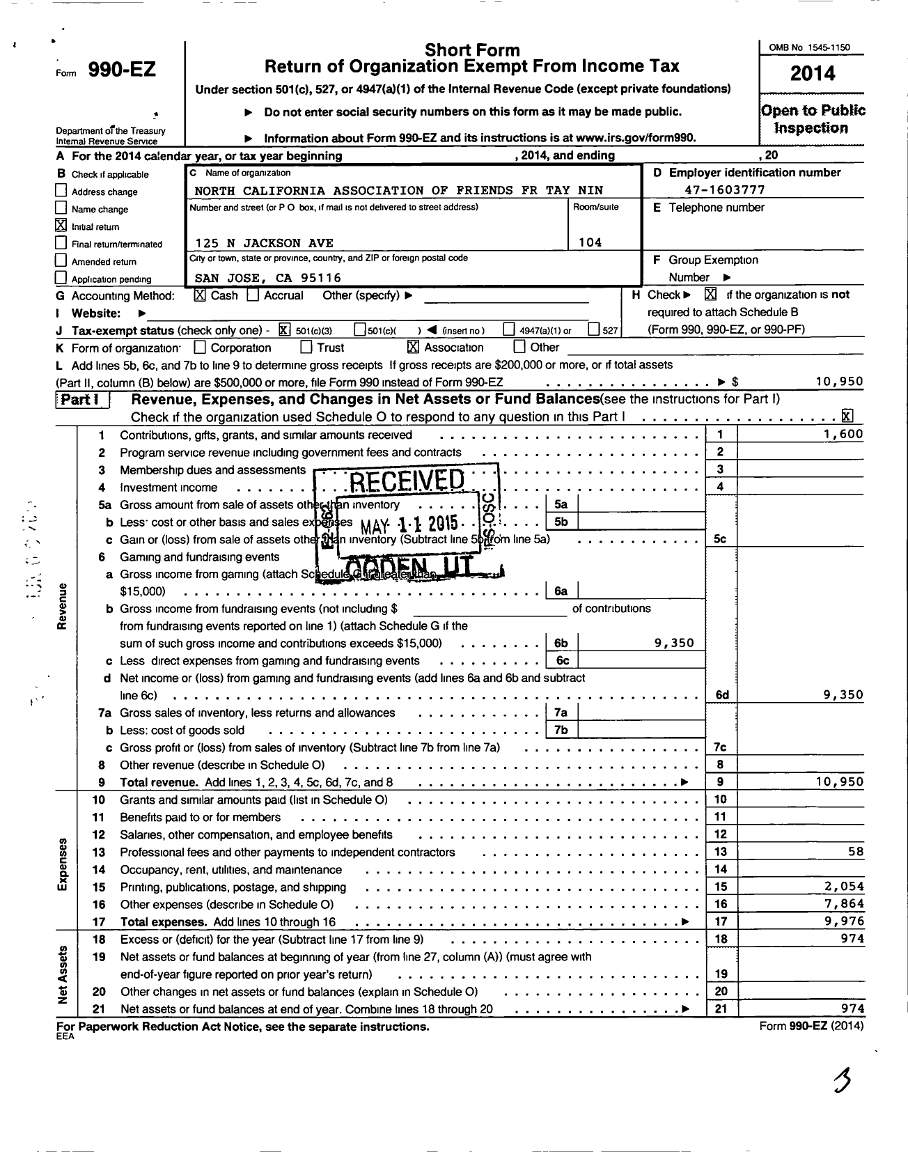 Image of first page of 2014 Form 990EZ for North California Association of Friends From Tay Ninh