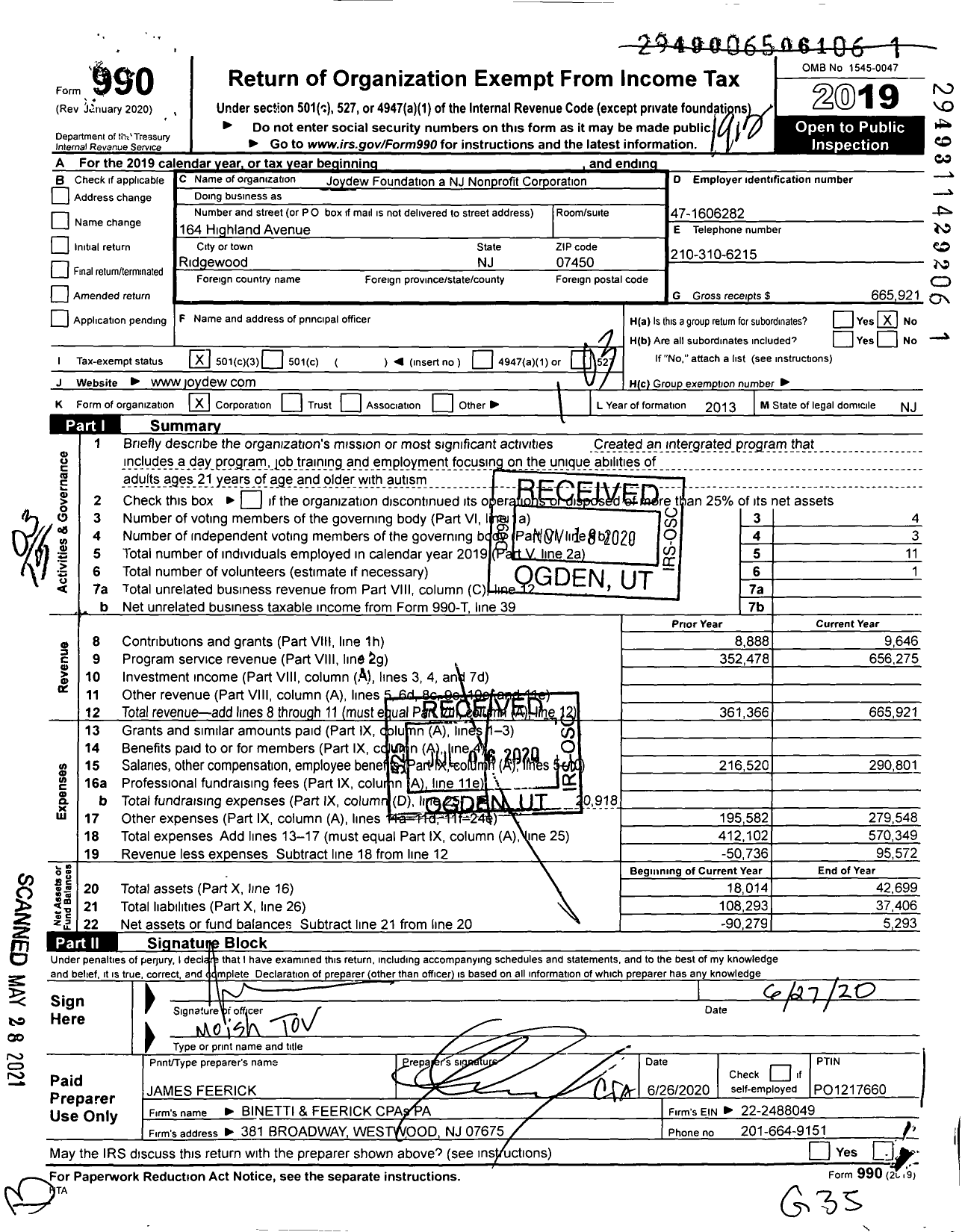 Image of first page of 2019 Form 990 for Joydew Foundation A NJ Nonprofit Corporation