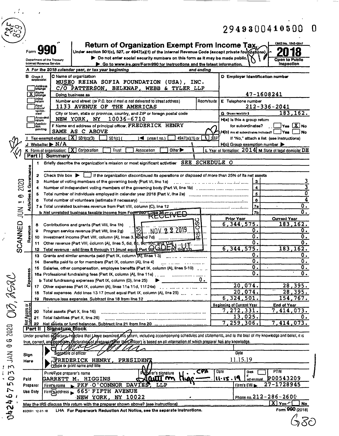 Image of first page of 2018 Form 990 for Museo Reina Sofia Foundation