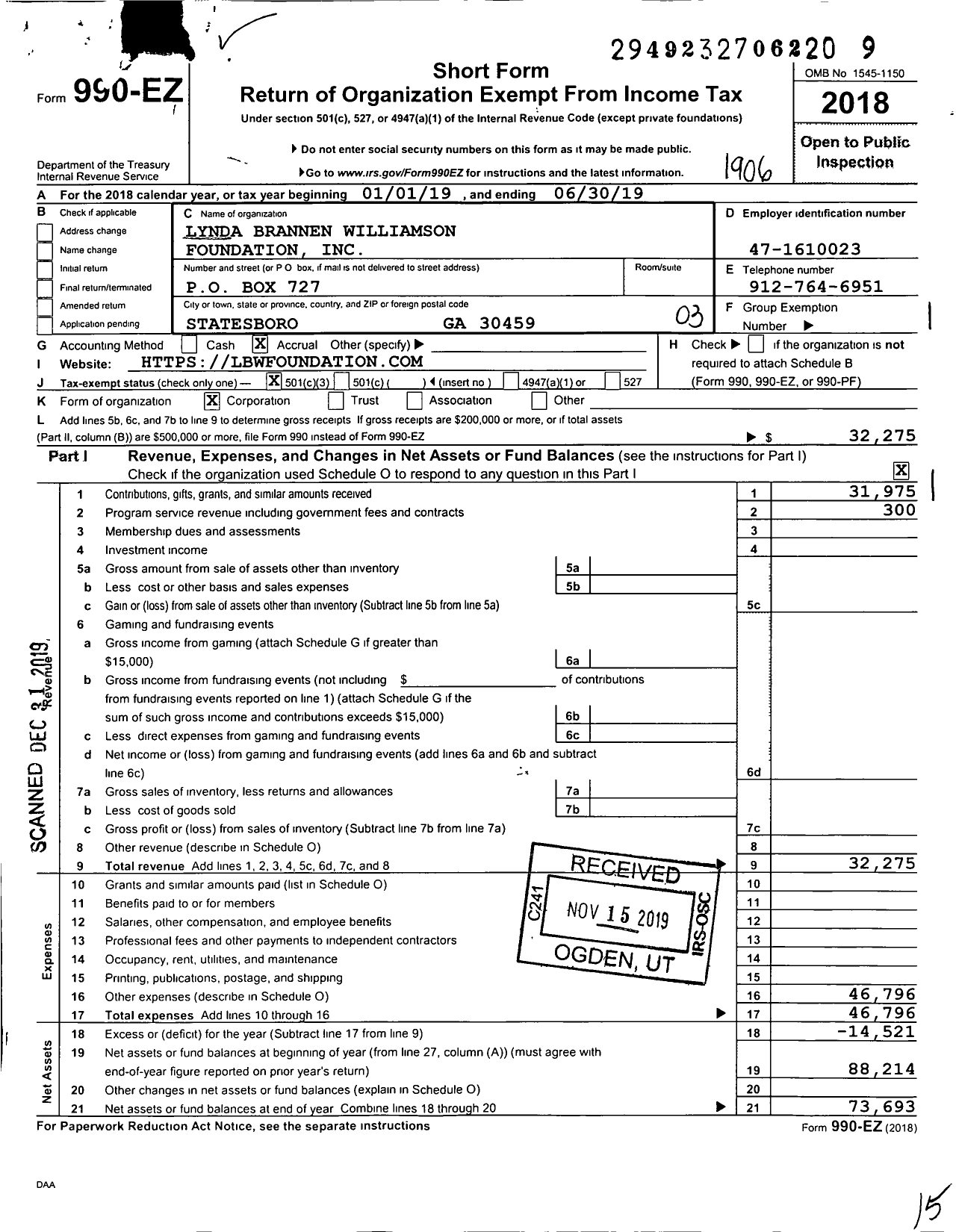 Image of first page of 2018 Form 990EZ for Lynda Brannen Williamson Foundation