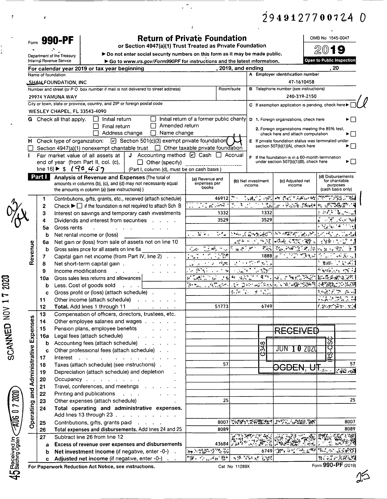 Image of first page of 2019 Form 990PF for Shah Foundation