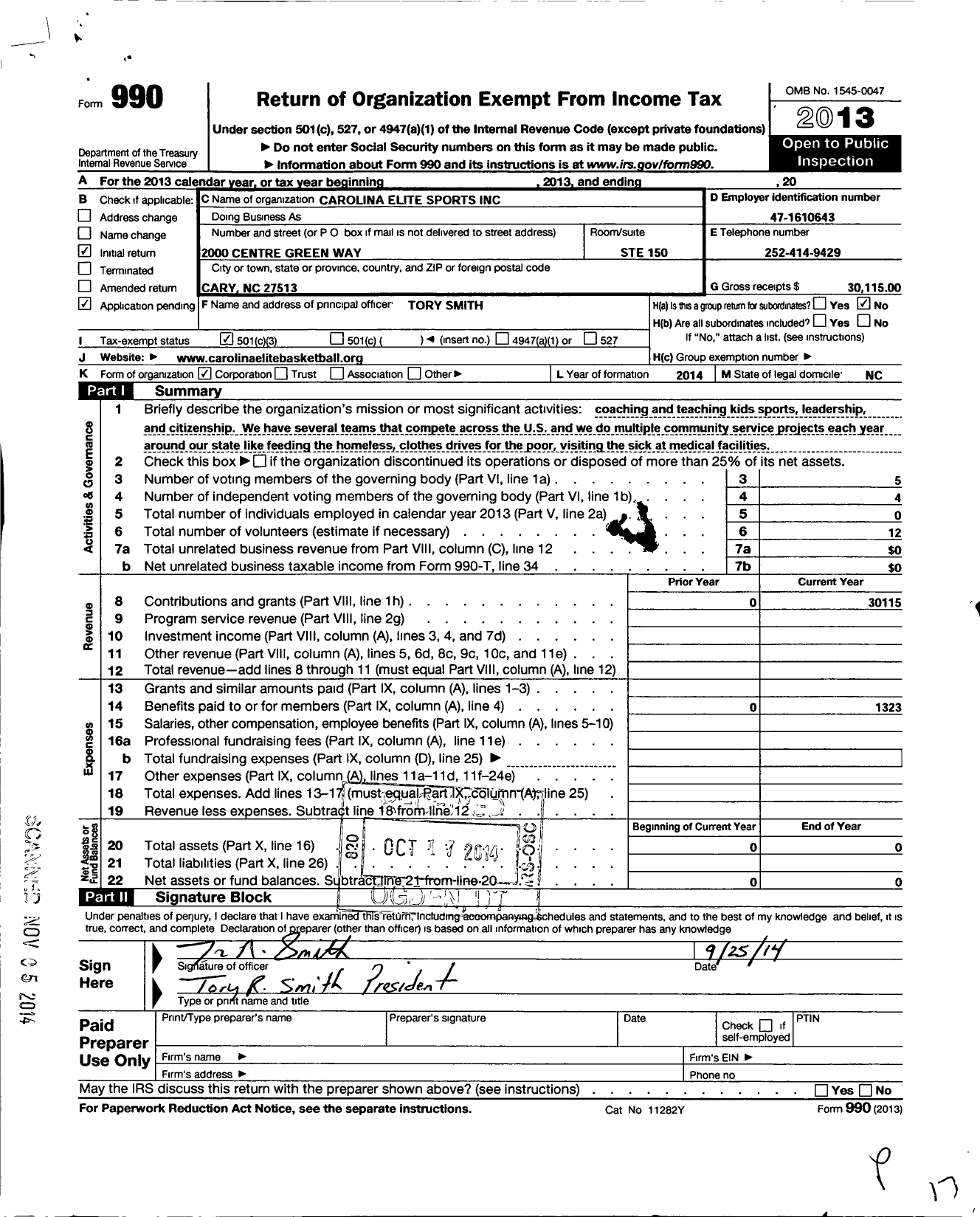 Image of first page of 2013 Form 990 for Carolina Elite Sports