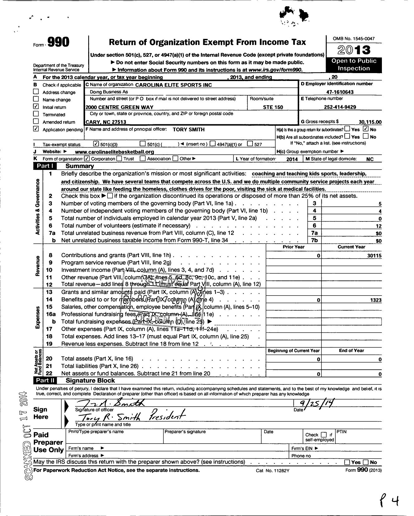 Image of first page of 2013 Form 990 for Carolina Elite Sports