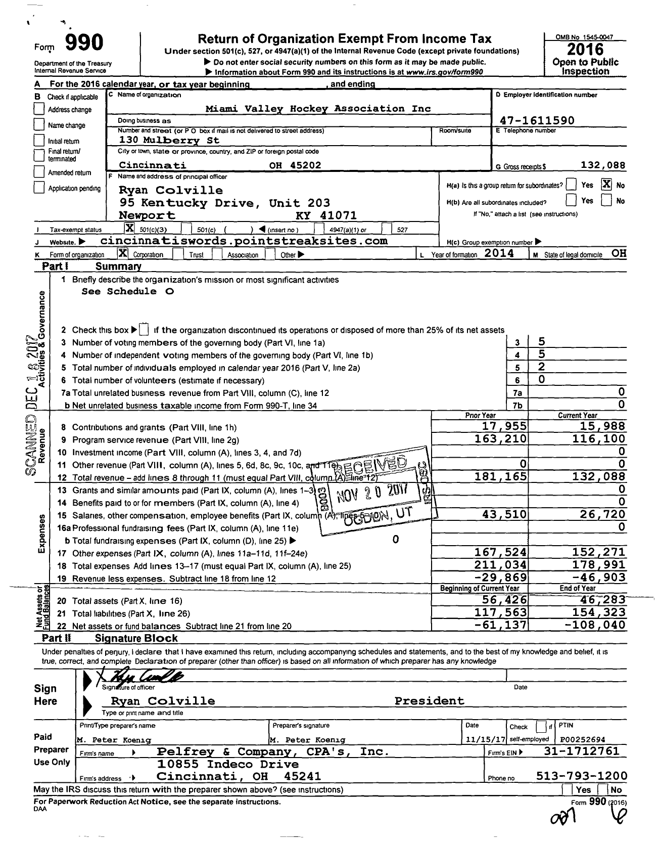 Image of first page of 2016 Form 990 for Miami Valley Hockey Association