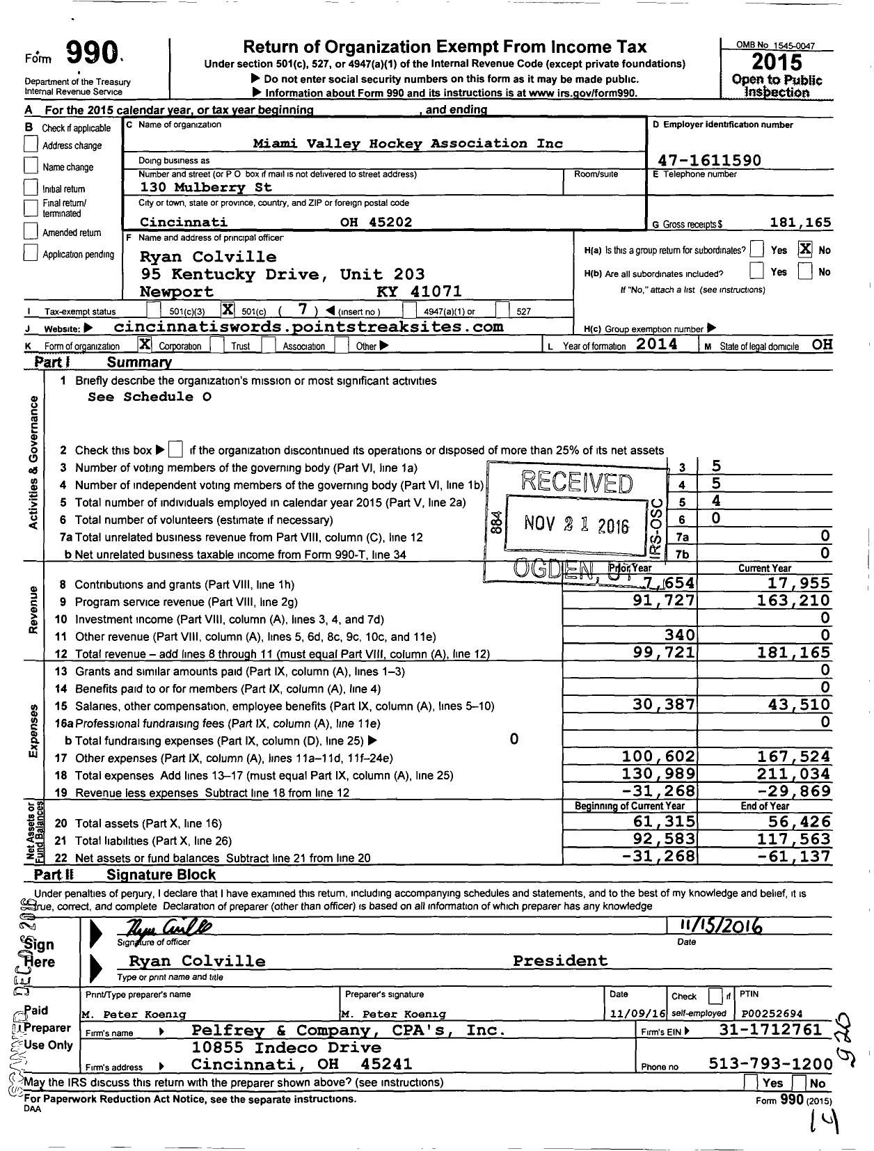 Image of first page of 2015 Form 990O for Miami Valley Hockey Association