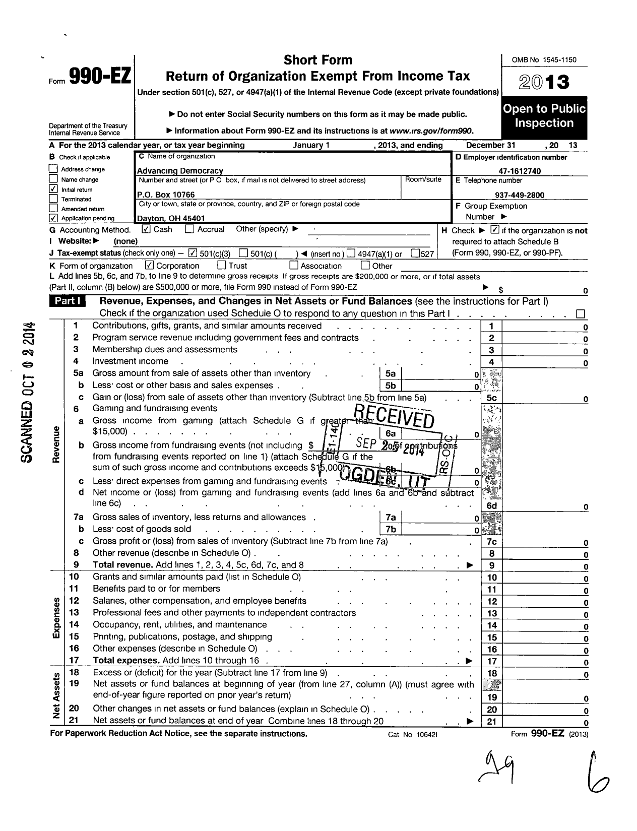 Image of first page of 2013 Form 990EZ for Advancing Democracy